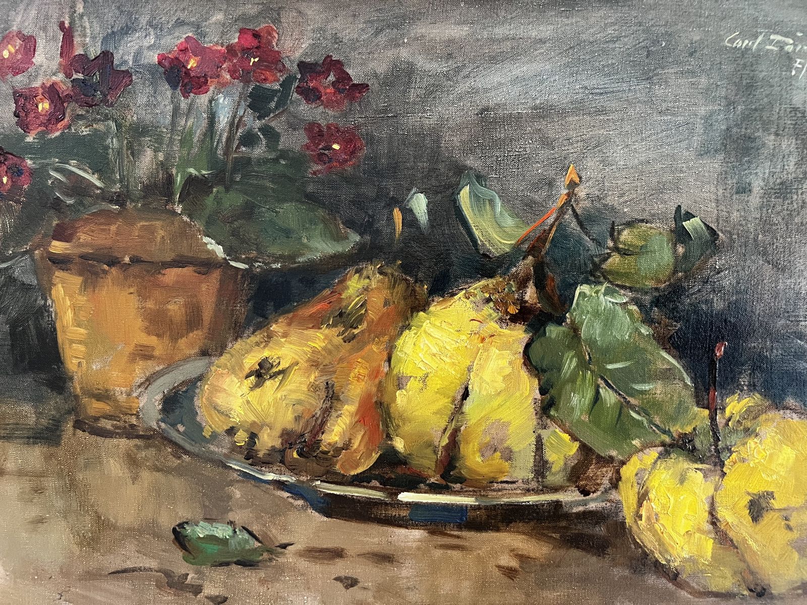 Fruit And Flower Cup, Original German Oil On Canvas Still Life Painting photo Art