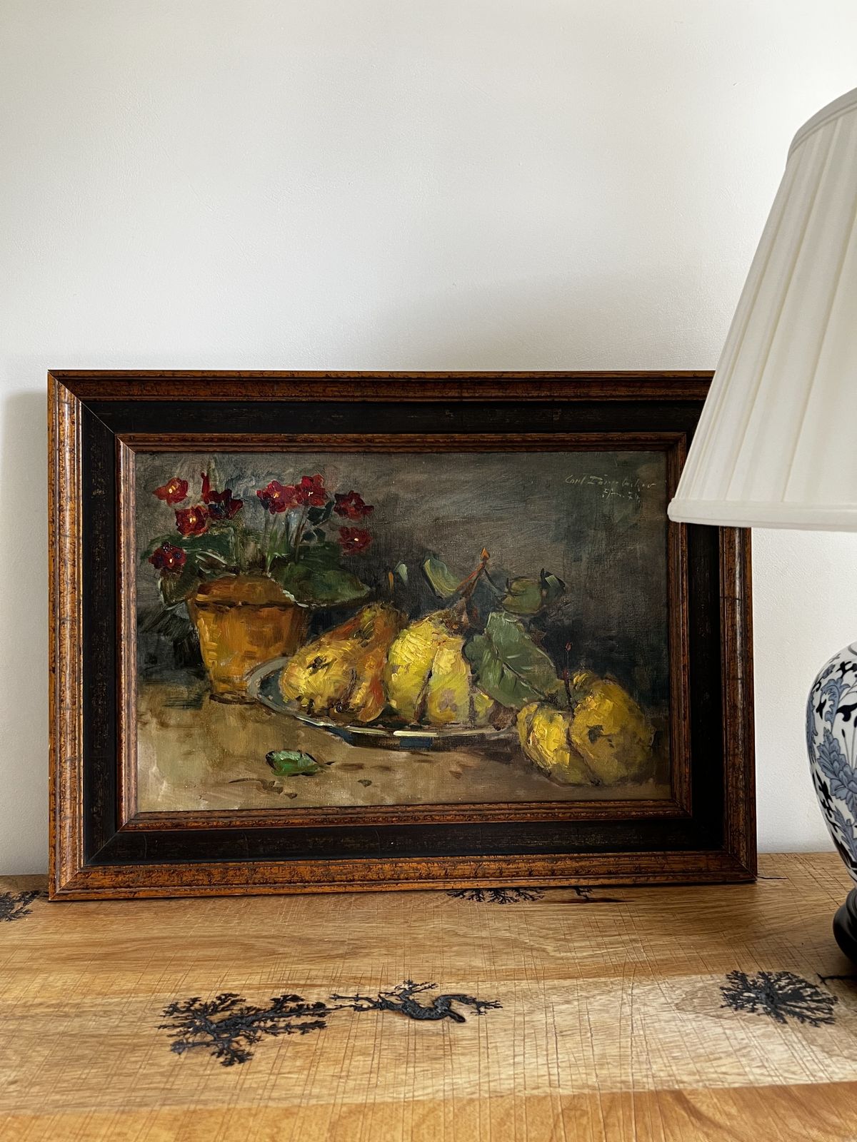 photo furniture Fruit And Flower Cup, Original German Oil On Canvas Still Life Painting