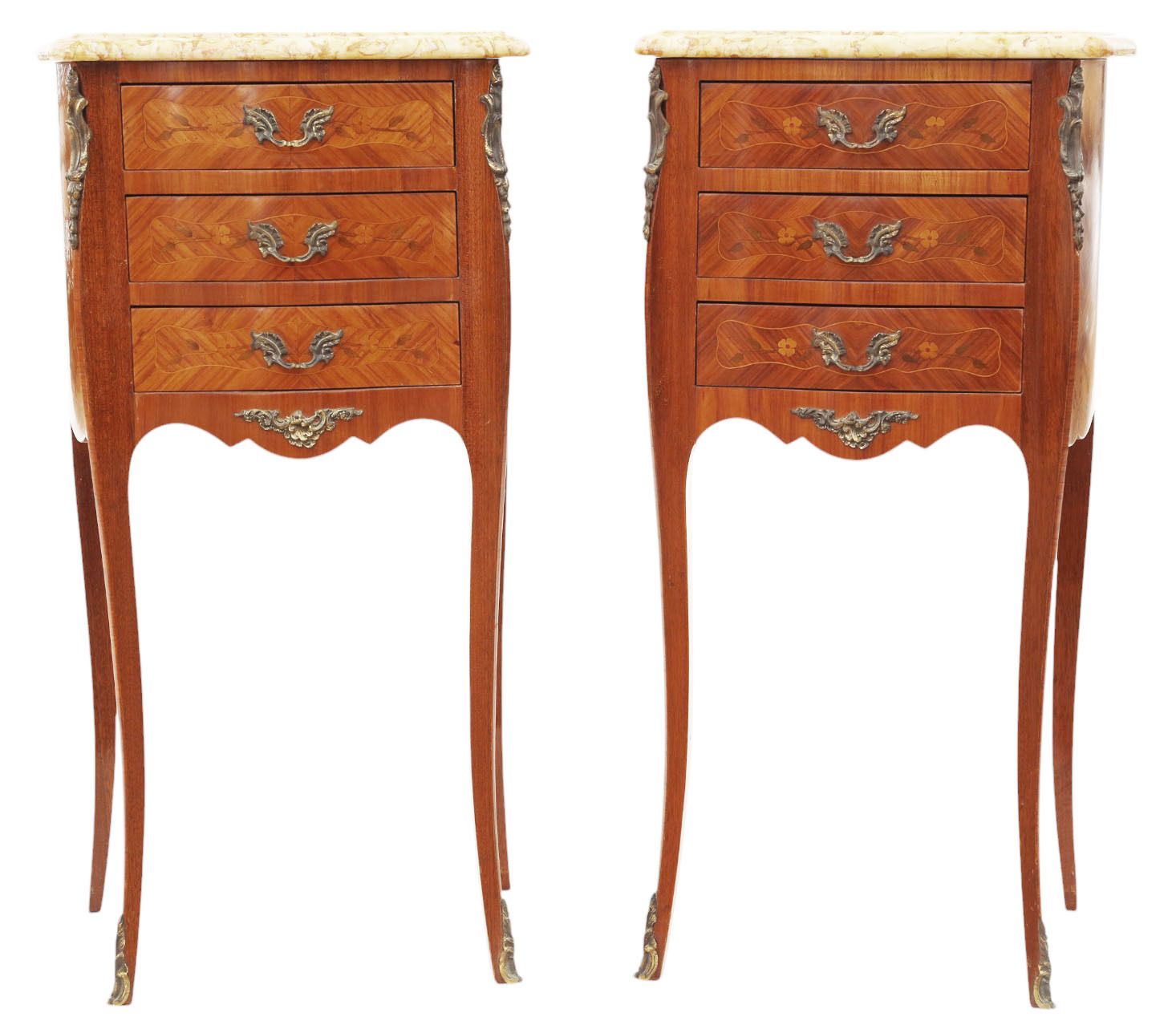 Antique Pair Marquetry Bedside Tables With Marble Tops – Quality Nightstands, Early 20th Century photo furniture