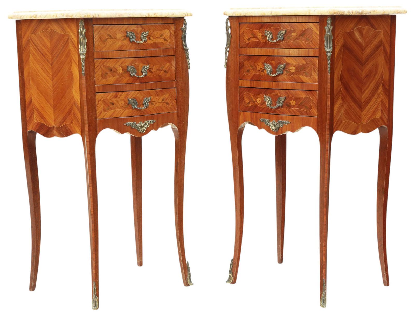 Antique Pair Marquetry Bedside Tables With Marble Tops – Quality Nightstands, Early 20th Century photo for sale