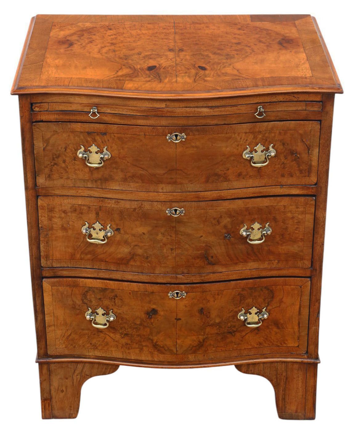 Antique C.1920 Georgian Revival Burr Walnut Serpentine Chest Of Drawers – Fine Quality With Brushing Slide