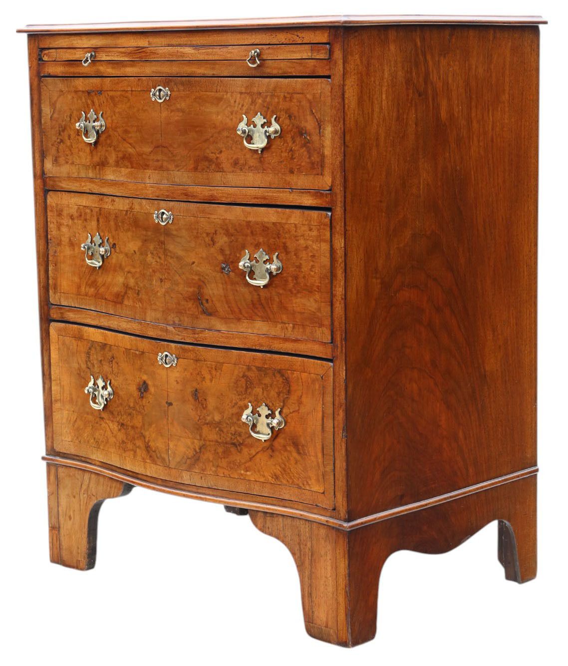 Antique C.1920 Georgian Revival Burr Walnut Serpentine Chest Of Drawers – Fine Quality With Brushing Slide photo Furniture
