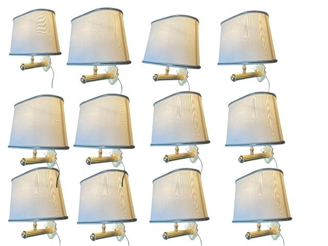 Set Of 12  Brass Wall Sconces With Satin Shades, 1980s