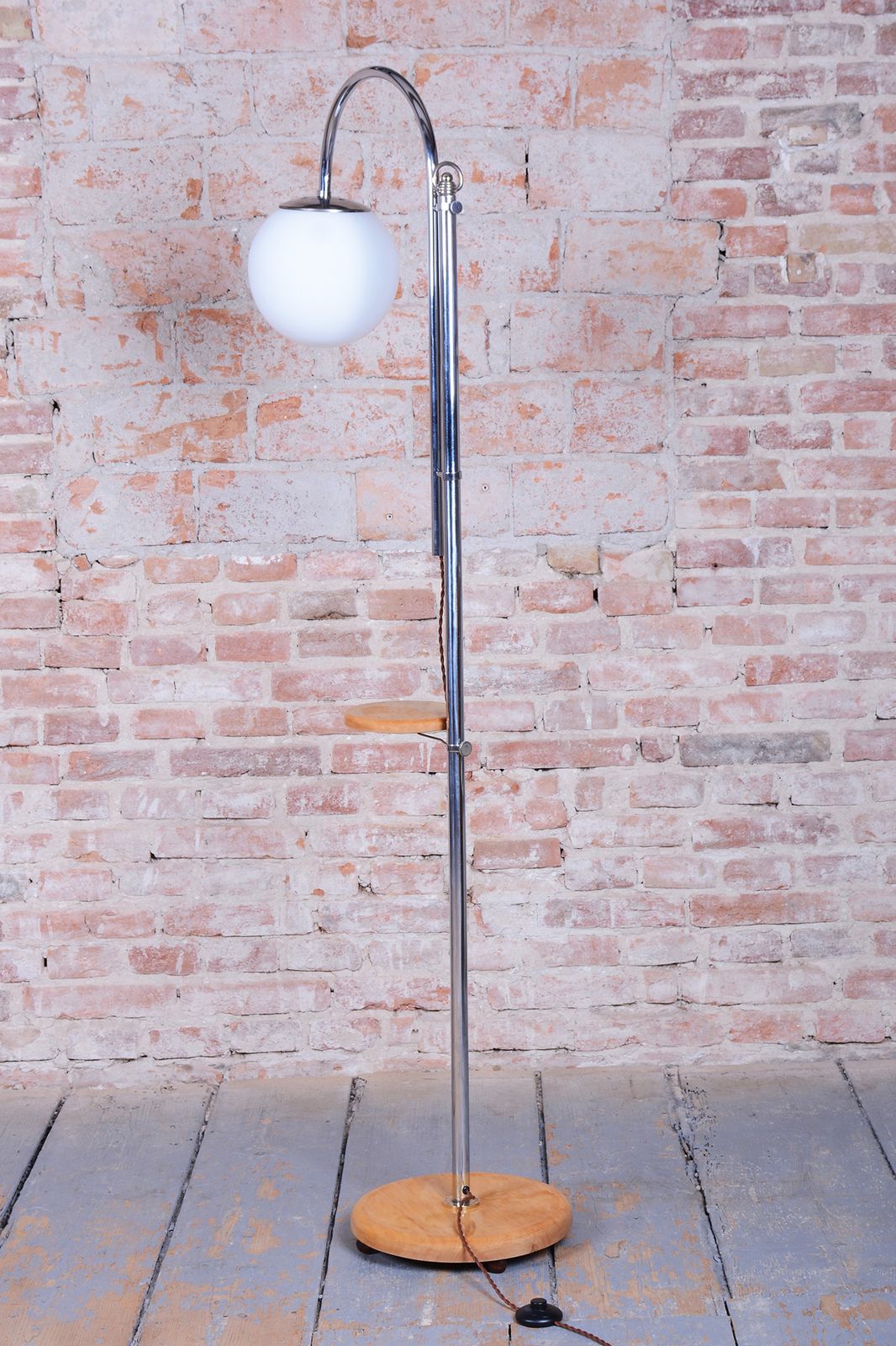 Restored Bauhaus Floor Lamp, Chrome, Beech, Opaline Milk Glass, Czech, 1930s photo furniture