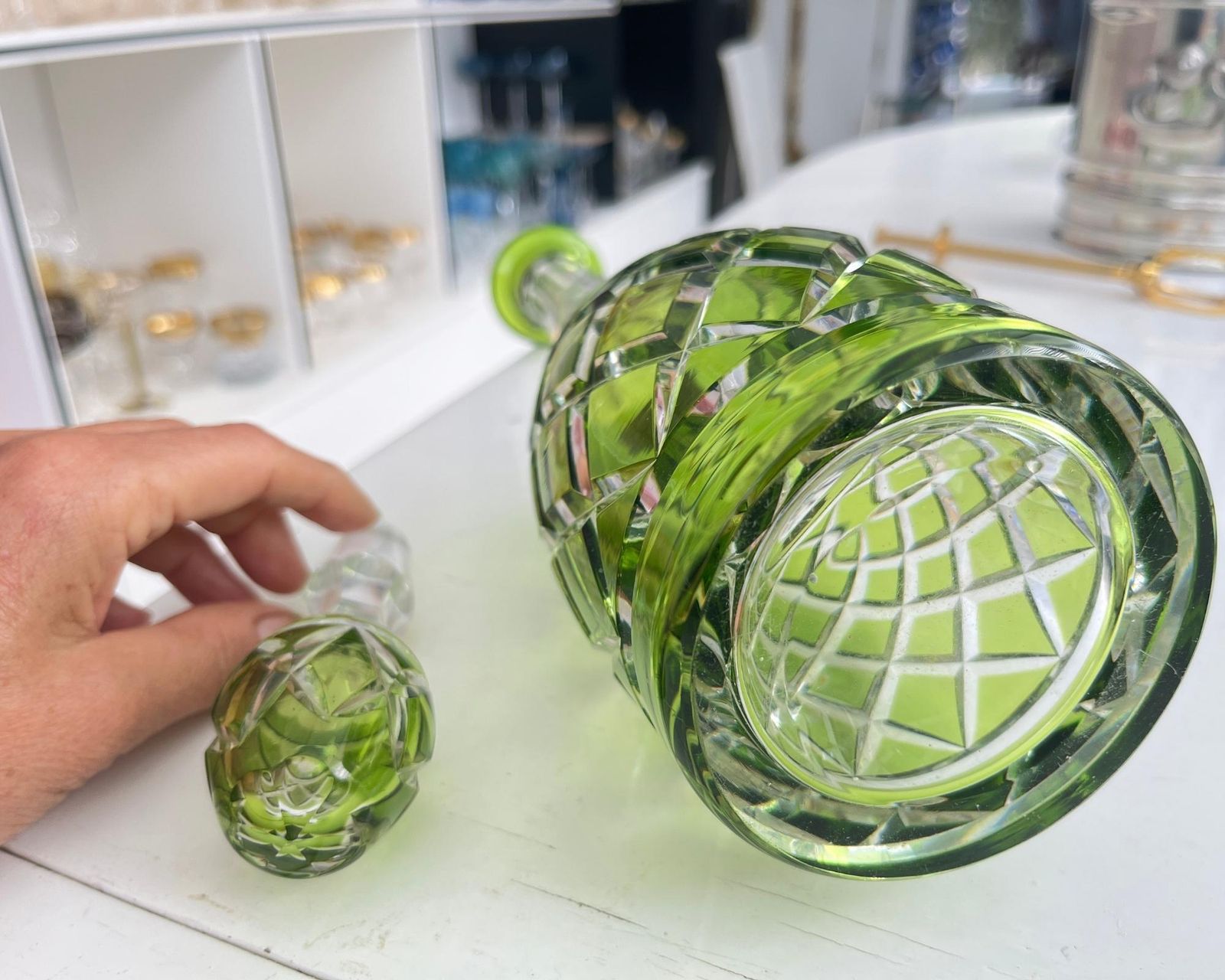 Val Saint Lambert Crystal Decanter | Chartreuse Green | Cut Glass photo 454.0