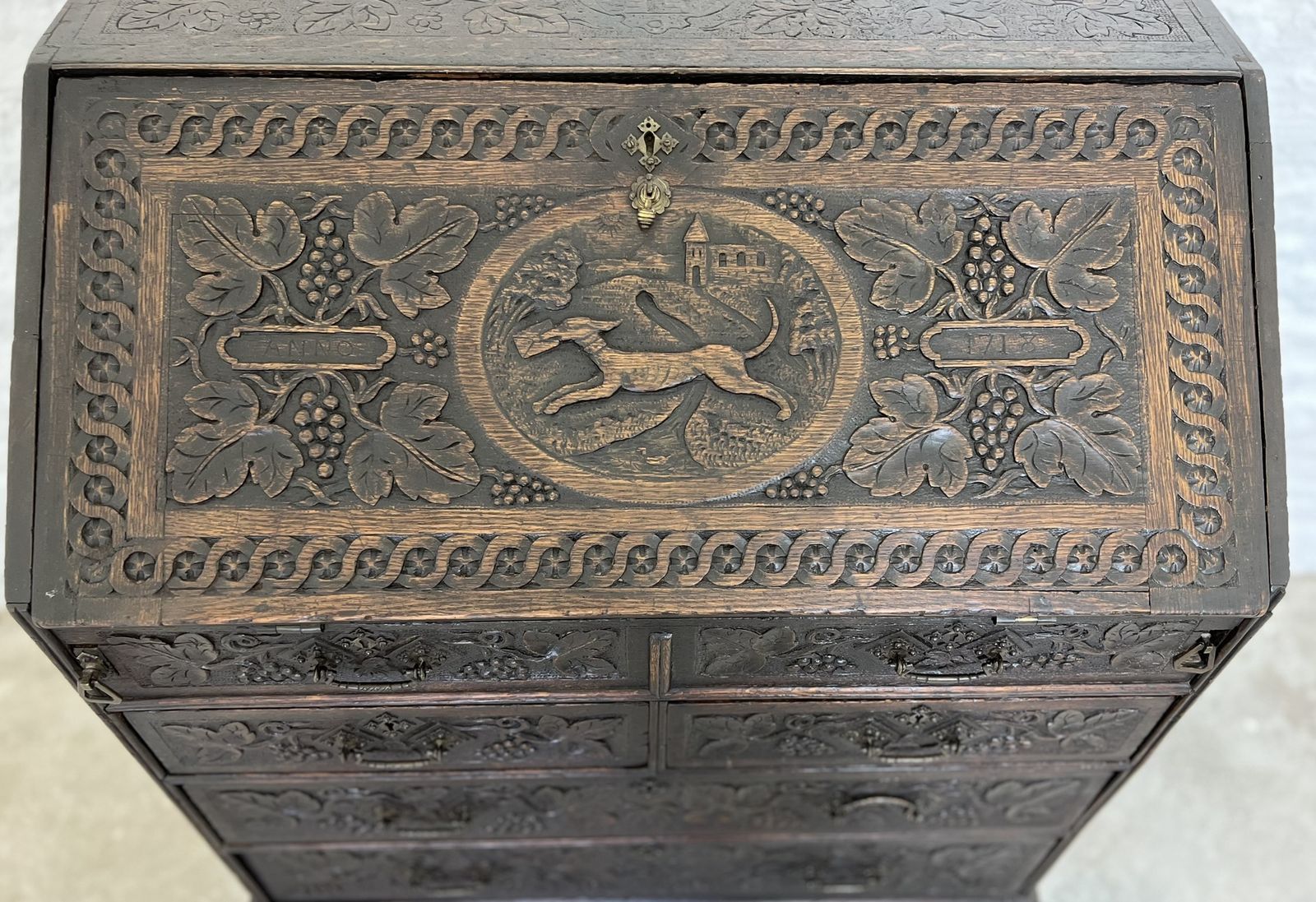 Antique Carved English Oak Chinoiserie Bureau Chest Secretary Writing Desk Secretaire With Drawers photo Furniture