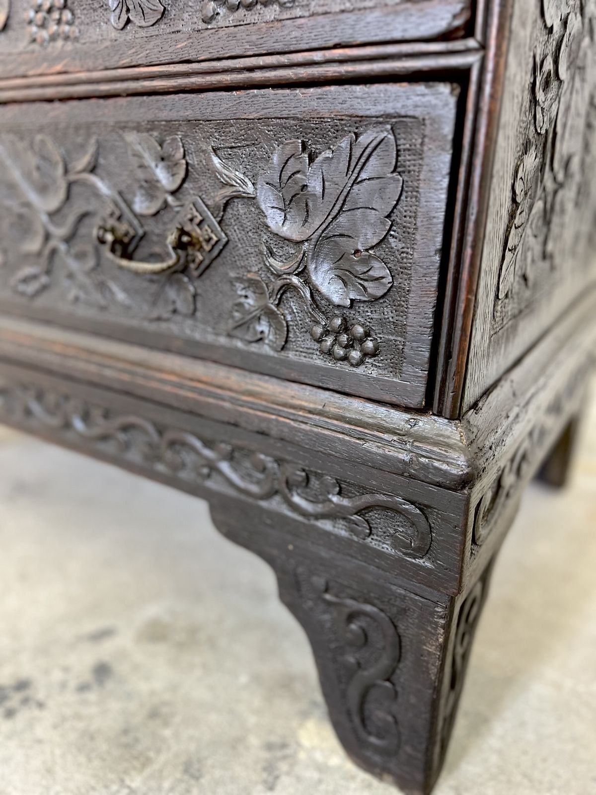 Antique Carved English Oak Chinoiserie Bureau Chest Secretary Writing Desk Secretaire With Drawers photo vintage