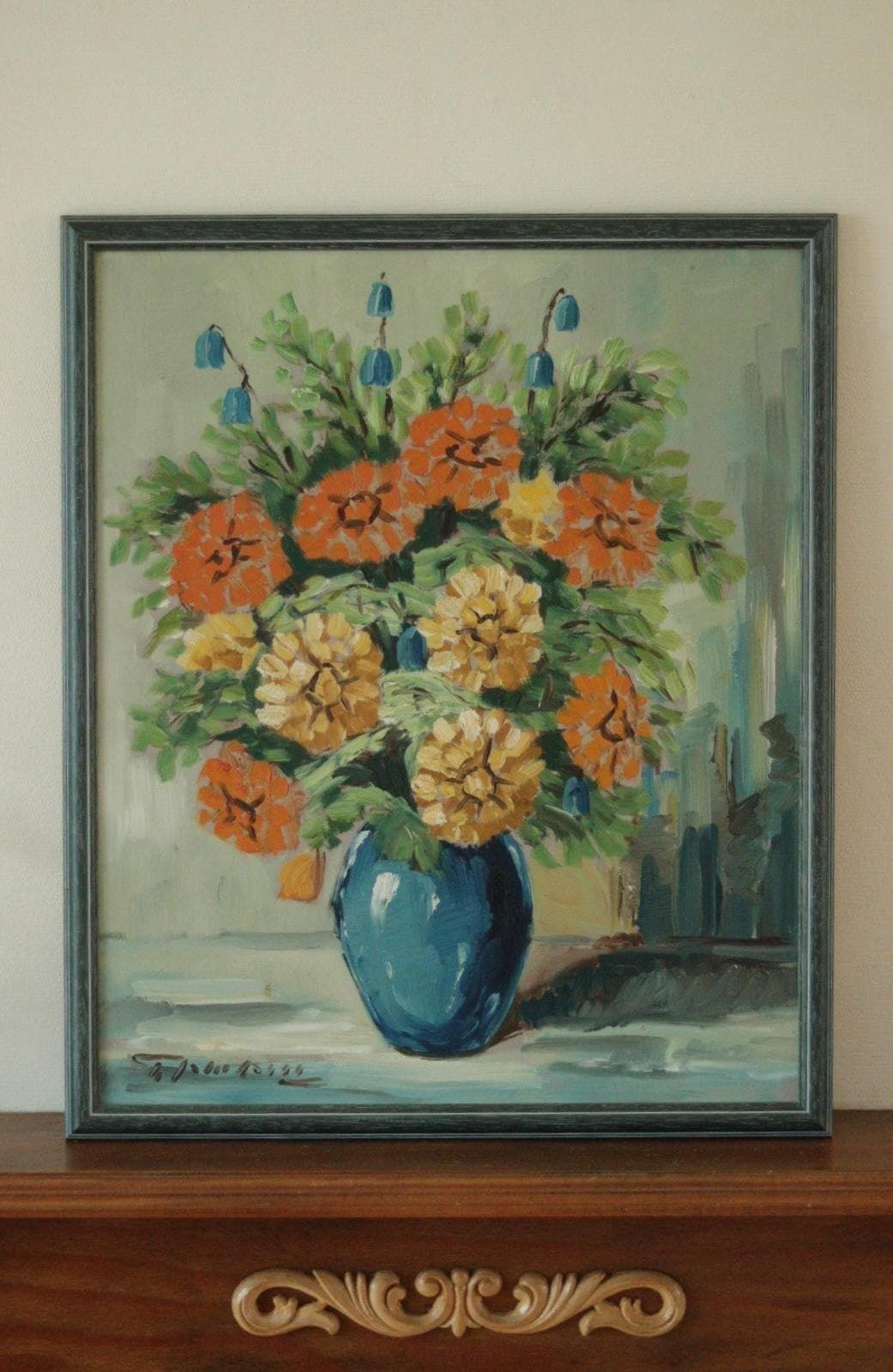 Original  "Flowers In Vase"  | Vintage & Framed – 49 × 41 Cm | 19.3 × 16.1 In photo furniture
