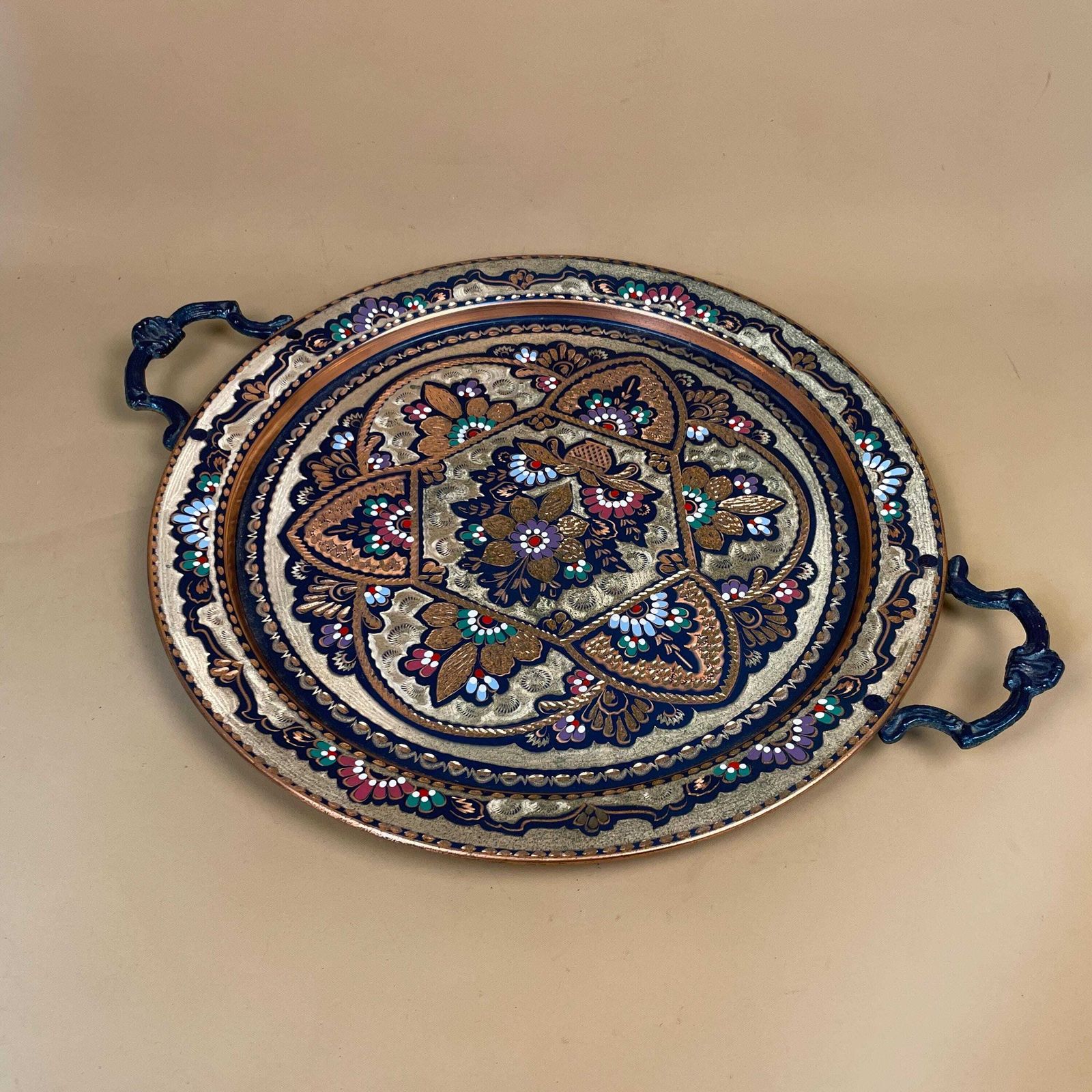 Antique Metal Copper Indian Patterned Brass Tray 45.5cm Plate Handmade Copper Etched Intricate Vintage Decorative Round Colourful Handles photo for sale