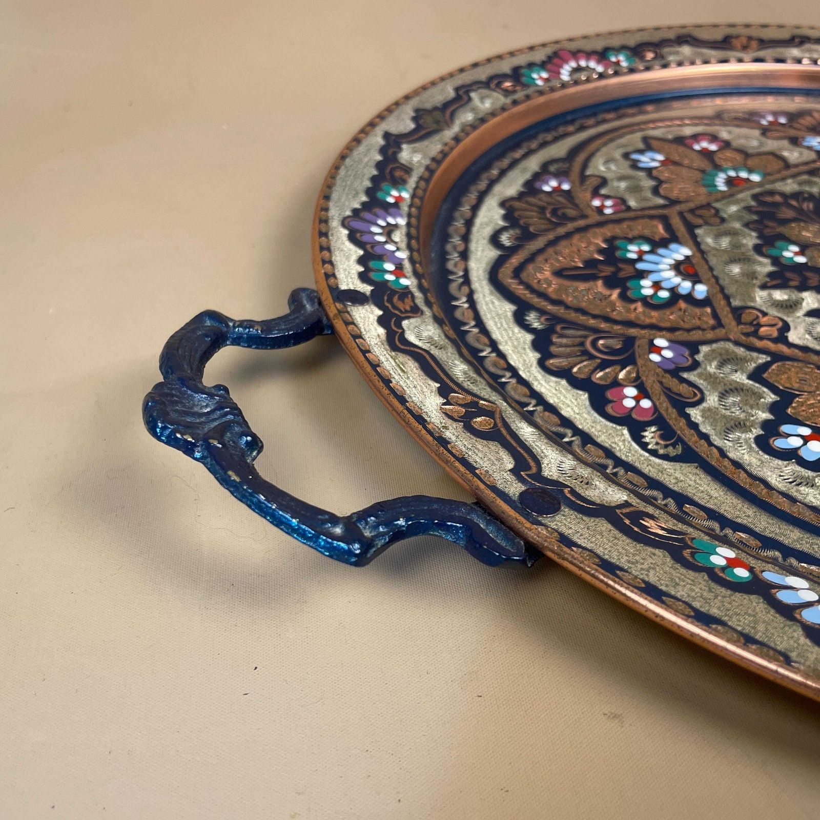 Antique Metal Copper Indian Patterned Brass Tray 45.5cm Plate Handmade Copper Etched Intricate Vintage Decorative Round Colourful Handles photo 59.0