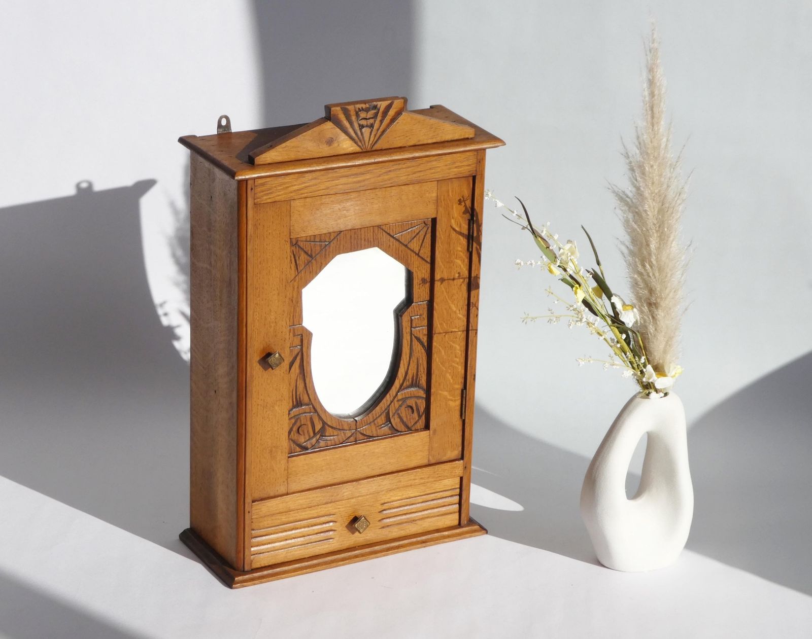Antique Art Deco Wooden Wall Cabinet With Mirror And Carved Details, Small Apothecary With Shelves And Drawer, Medicine Cabinet Farmhouse