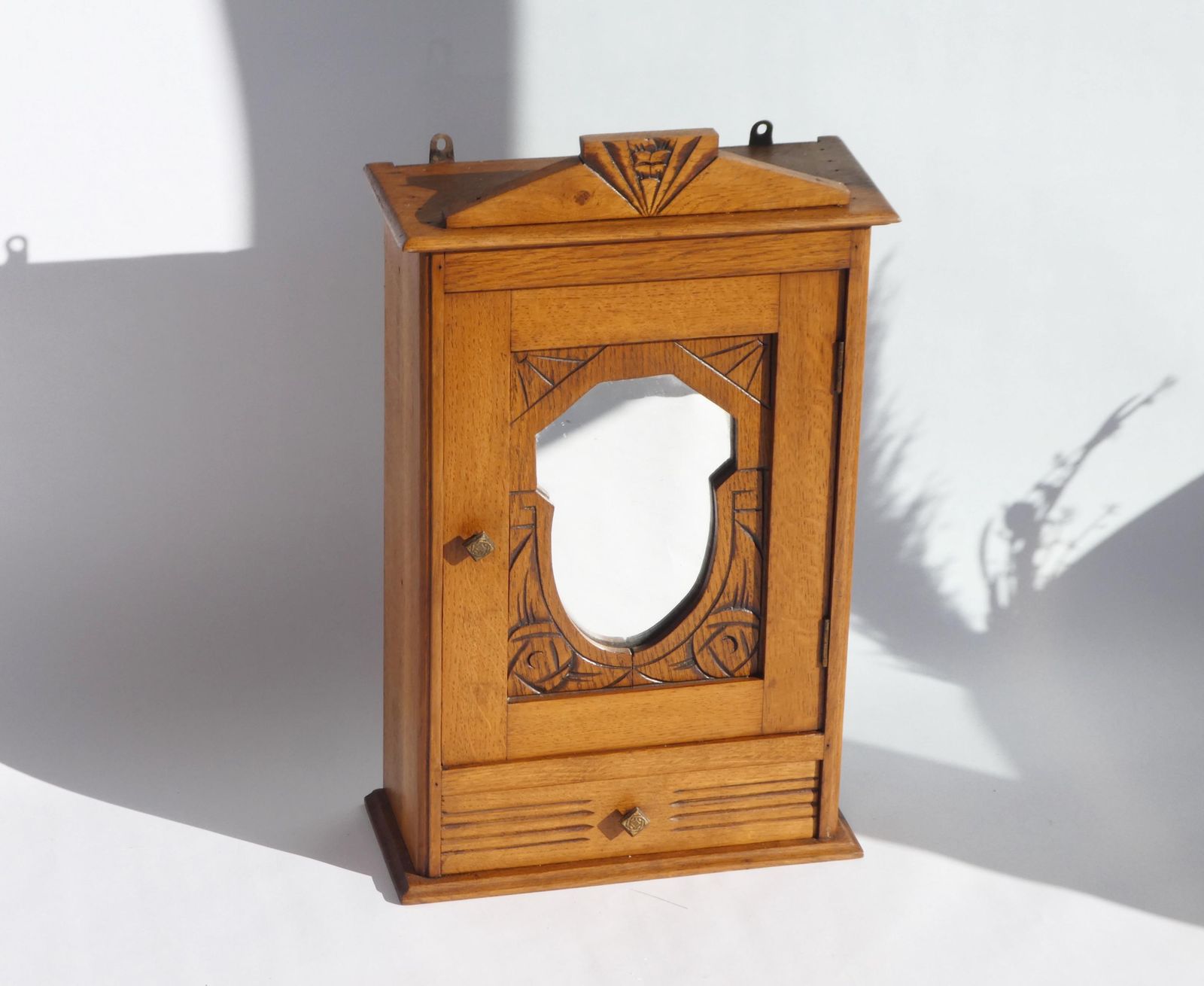 Antique Art Deco Wooden Wall Cabinet With Mirror And Carved Details, Small Apothecary With Shelves And Drawer, Medicine Cabinet Farmhouse photo furniture