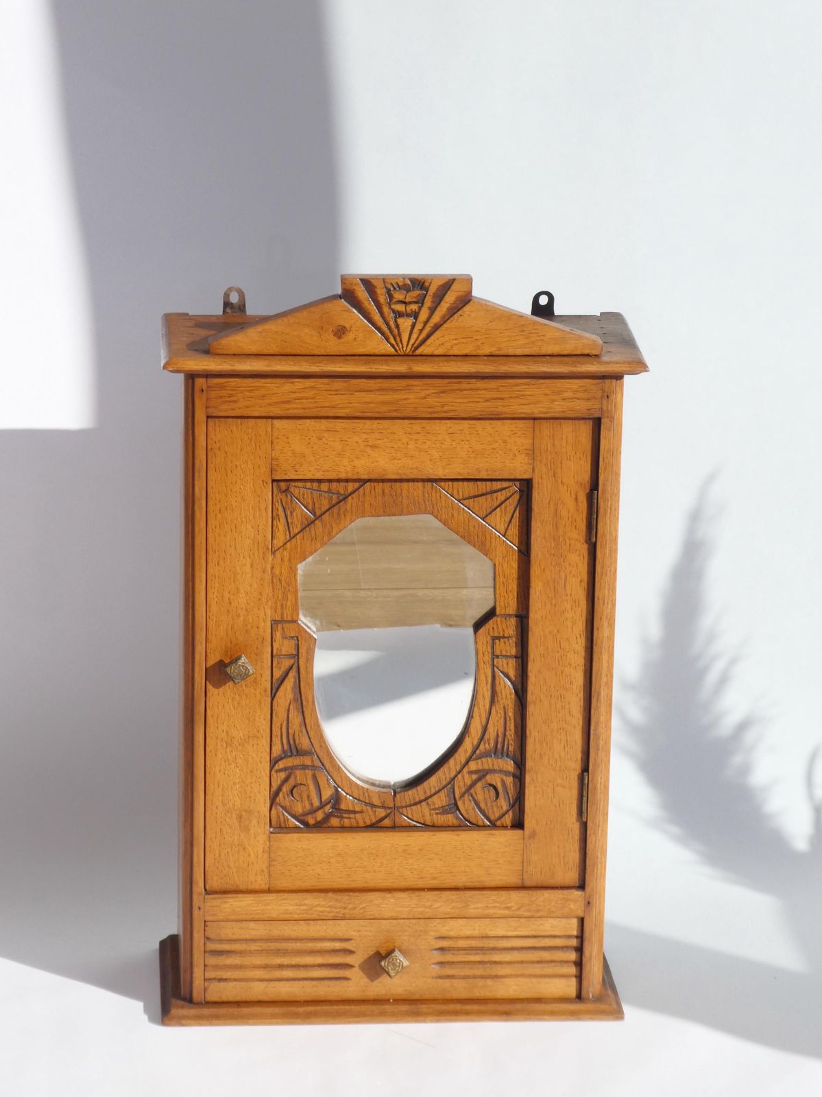 Antique Art Deco Wooden Wall Cabinet With Mirror And Carved Details, Small Apothecary With Shelves And Drawer, Medicine Cabinet Farmhouse photo vinterior