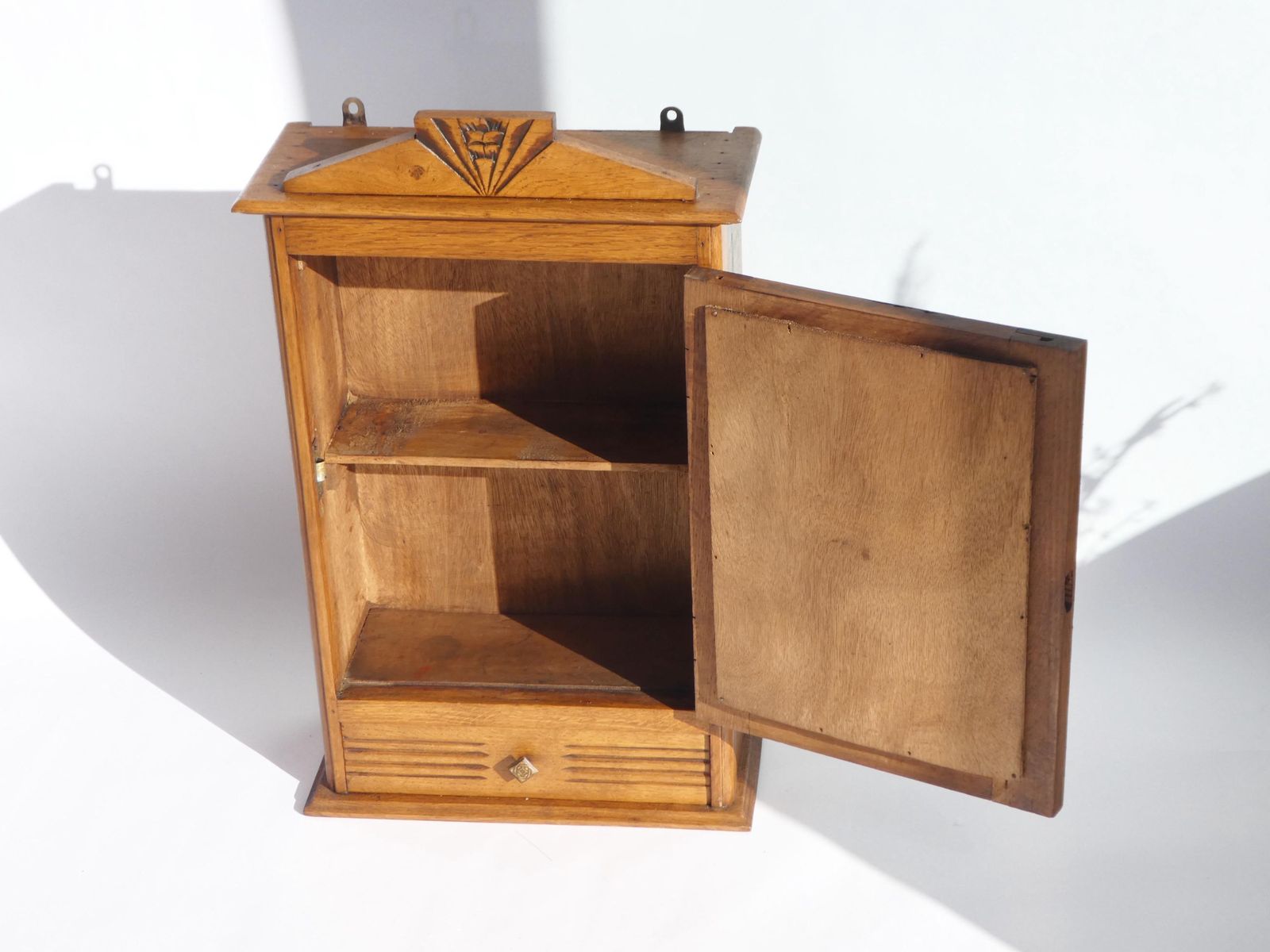 Antique Art Deco Wooden Wall Cabinet With Mirror And Carved Details, Small Apothecary With Shelves And Drawer, Medicine Cabinet Farmhouse photo vintage