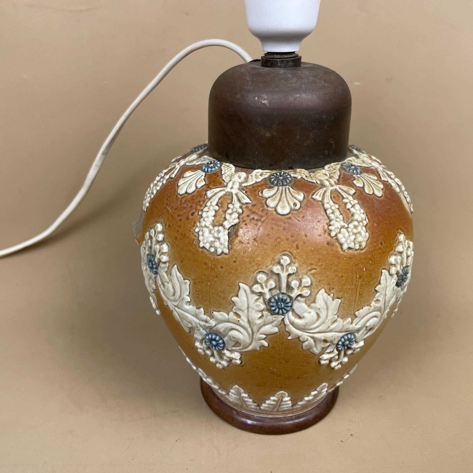 Antique Art Nouveau Doulton Lambeth Lamp 1884 Converted Old Jug Small Pottery Brown Brass Top Old Pac Tested June 2025 photo furniture