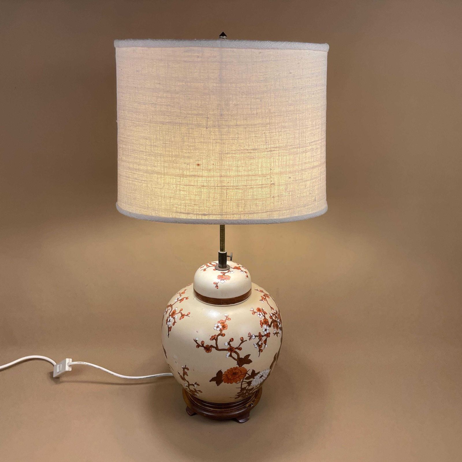 Antique Oriental Ceramic Lamp Floral Table Light Cream Wooden Base Chinese Double Bulb With Cream Cylinder Shade