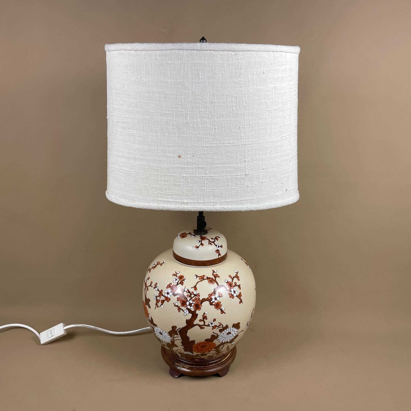 Antique Oriental Ceramic Lamp Floral Table Light Cream Wooden Base Chinese Double Bulb With Cream Cylinder Shade photo furniture