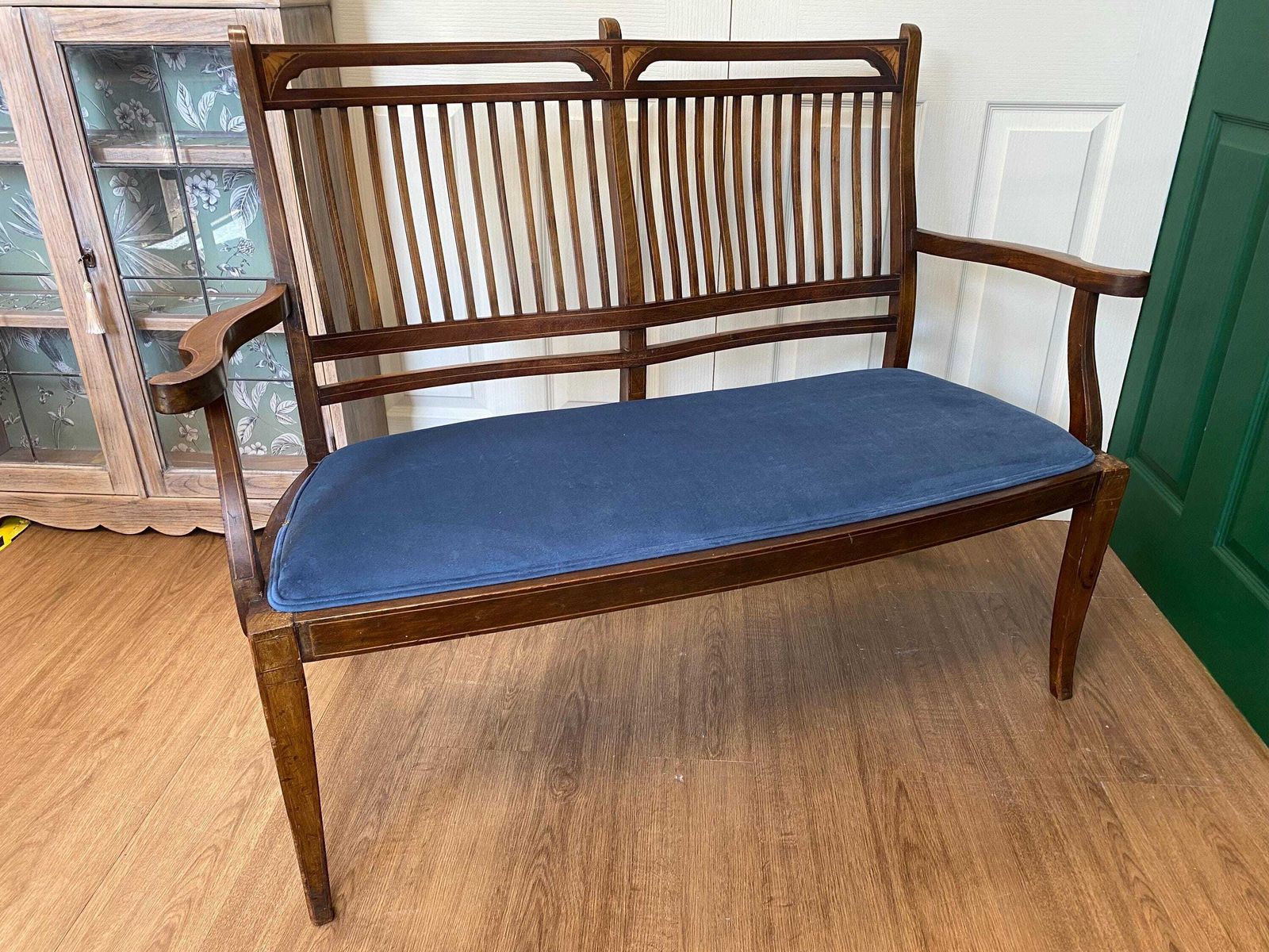 Antique Edwardian Refurbished Mahogany Inlaid Marquetry Love Seat Settee Blue Velvet photo for sale