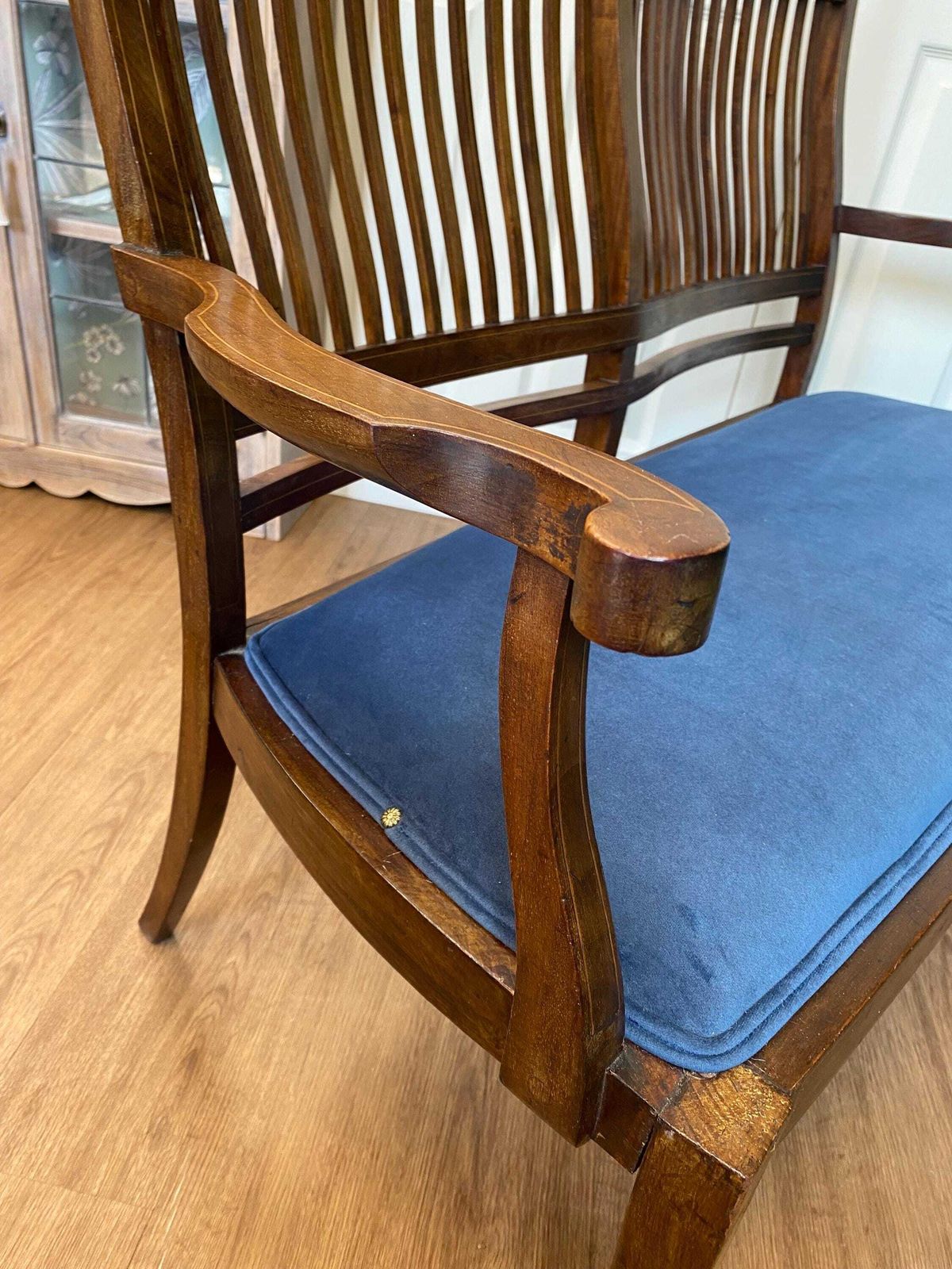 Antique Edwardian Refurbished Mahogany Inlaid Marquetry Love Seat Settee Blue Velvet photo 395.0