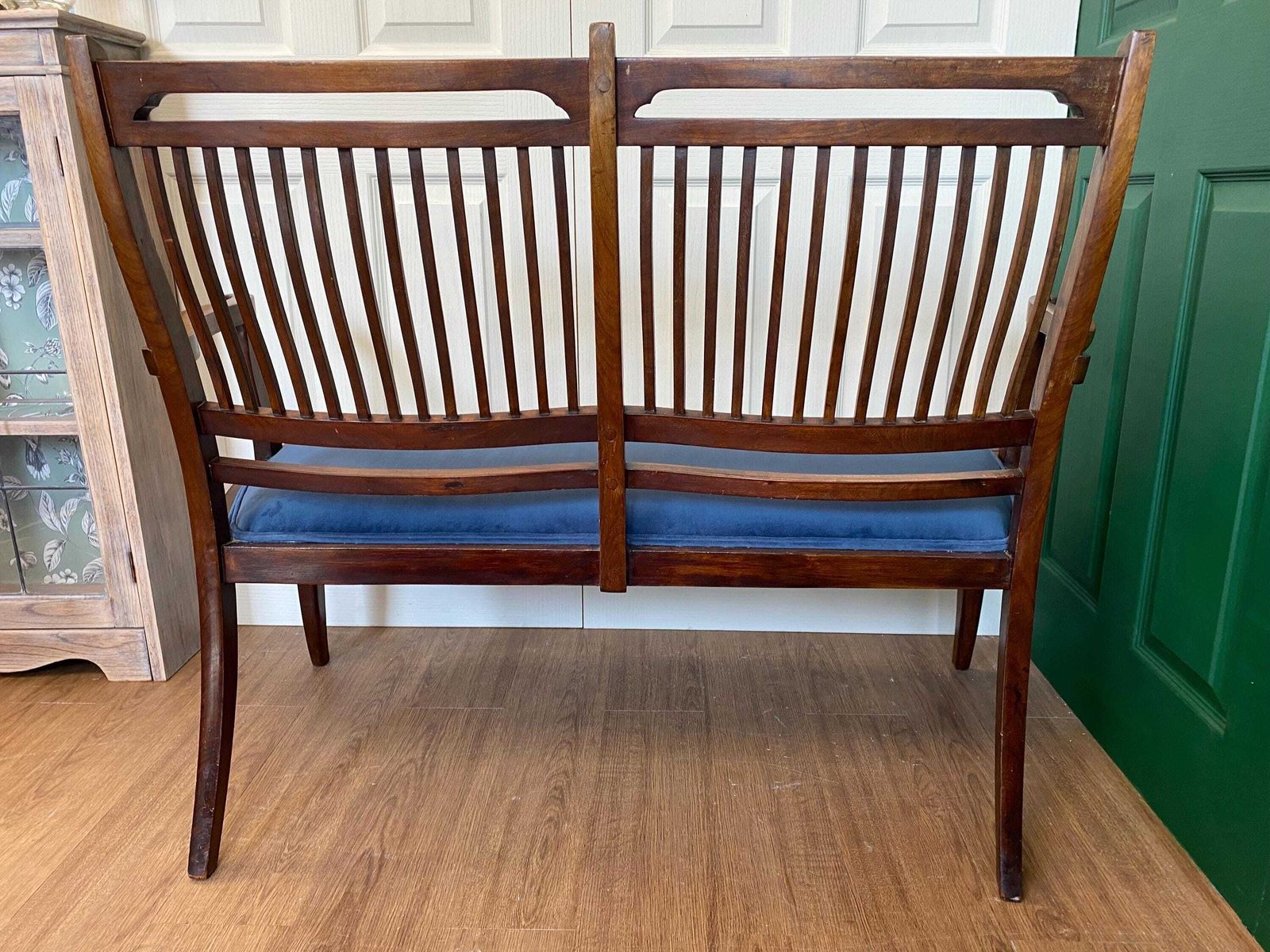 Antique Edwardian Refurbished Mahogany Inlaid Marquetry Love Seat Settee Blue Velvet photo vintage