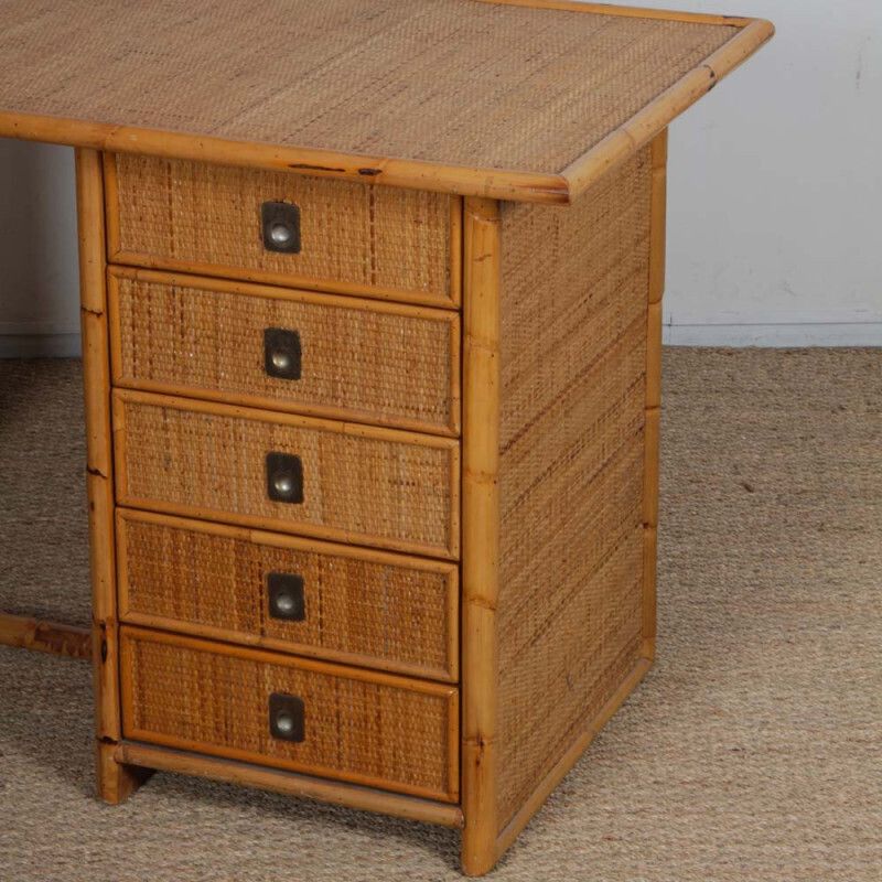 Vintage Wicker, Bamboo And Brass Desk By Dal Vera, 1970s photo furniture