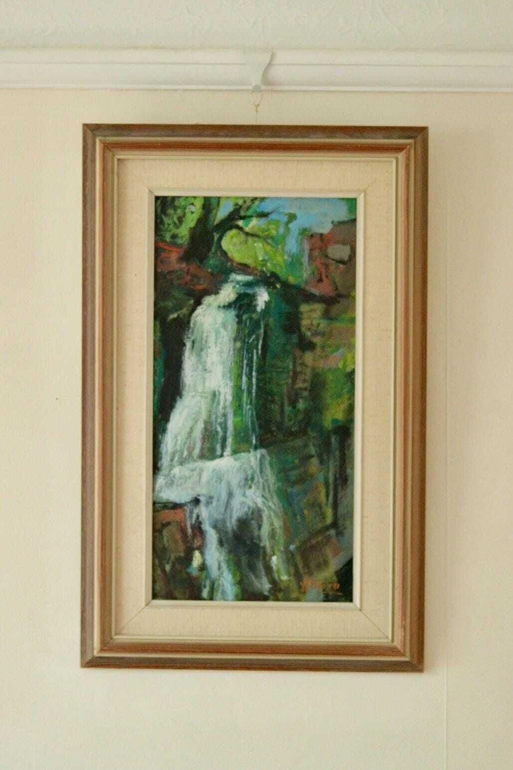 Original Swedish Oil On Panel Painting "Waterfall" By John Börén | Vintage & Framed – 58 × 37 Cm | 22.8 × 14.6 In