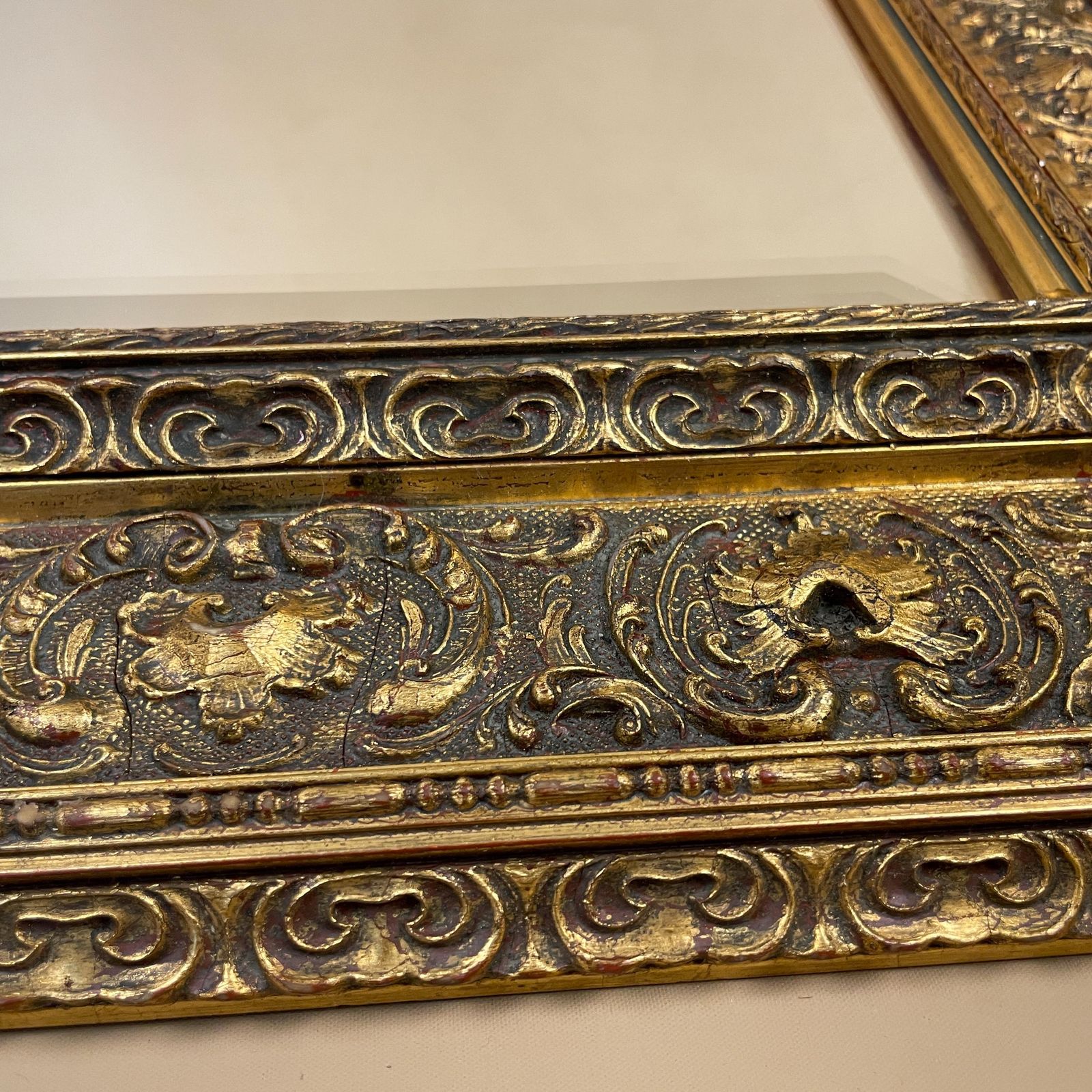 Antique Wooden Wall Mirror Portrait Rectangle Gold Ornate Frame Bevelled Glass Patterned Edge Bedroom Hallway Living Room Rectangular photo furniture