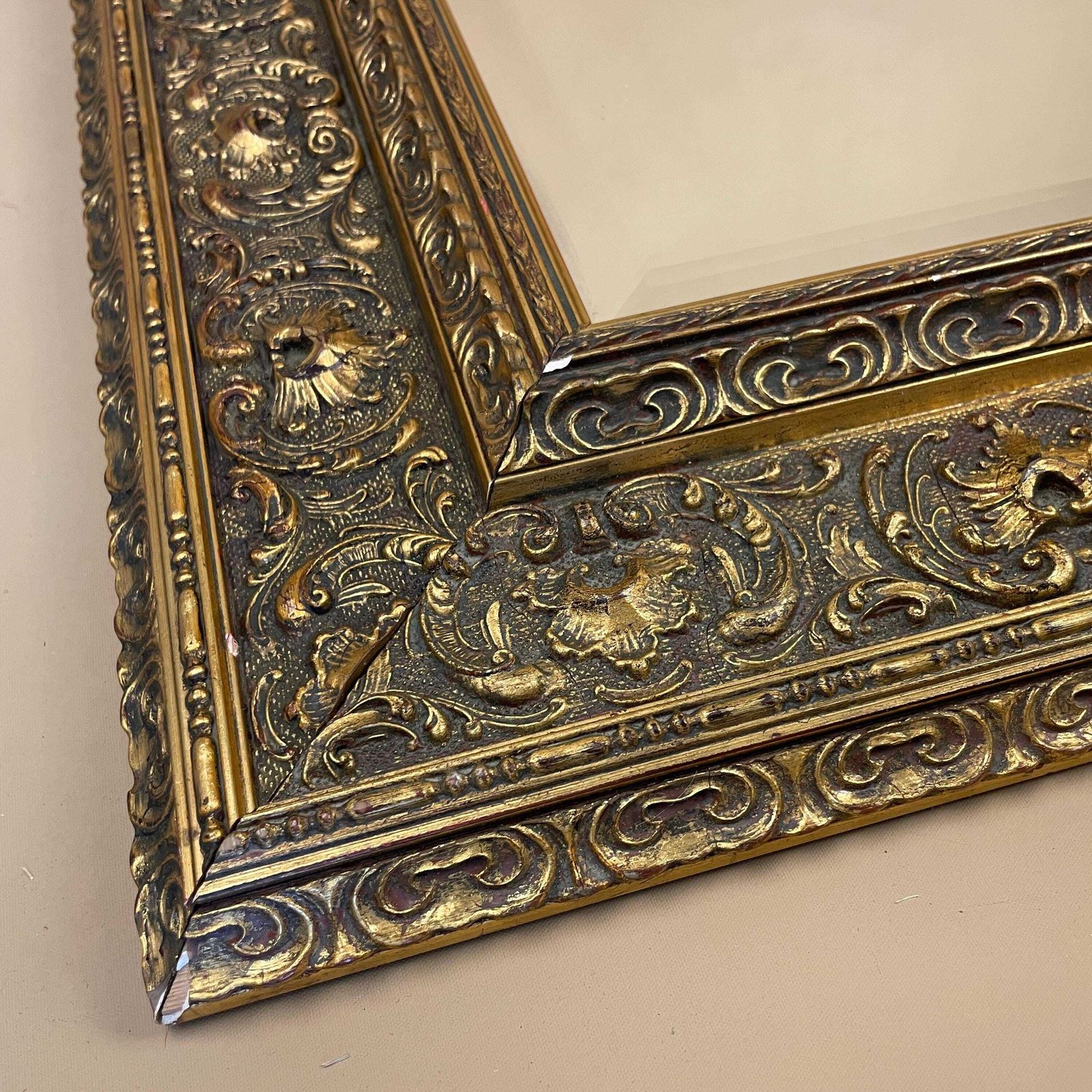 Antique Wooden Wall Mirror Portrait Rectangle Gold Ornate Frame Bevelled Glass Patterned Edge Bedroom Hallway Living Room Rectangular photo for sale