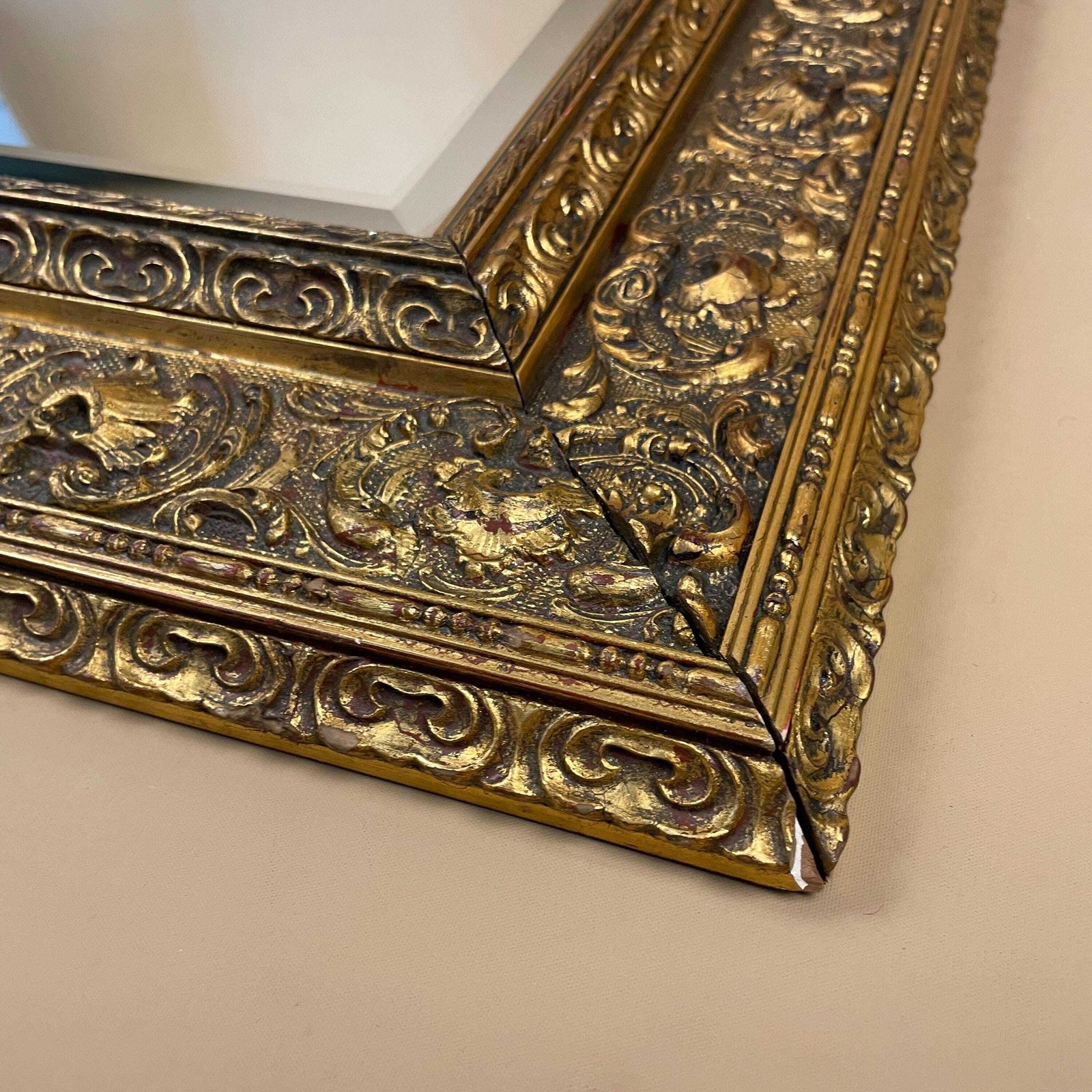 Antique Wooden Wall Mirror Portrait Rectangle Gold Ornate Frame Bevelled Glass Patterned Edge Bedroom Hallway Living Room Rectangular photo buy
