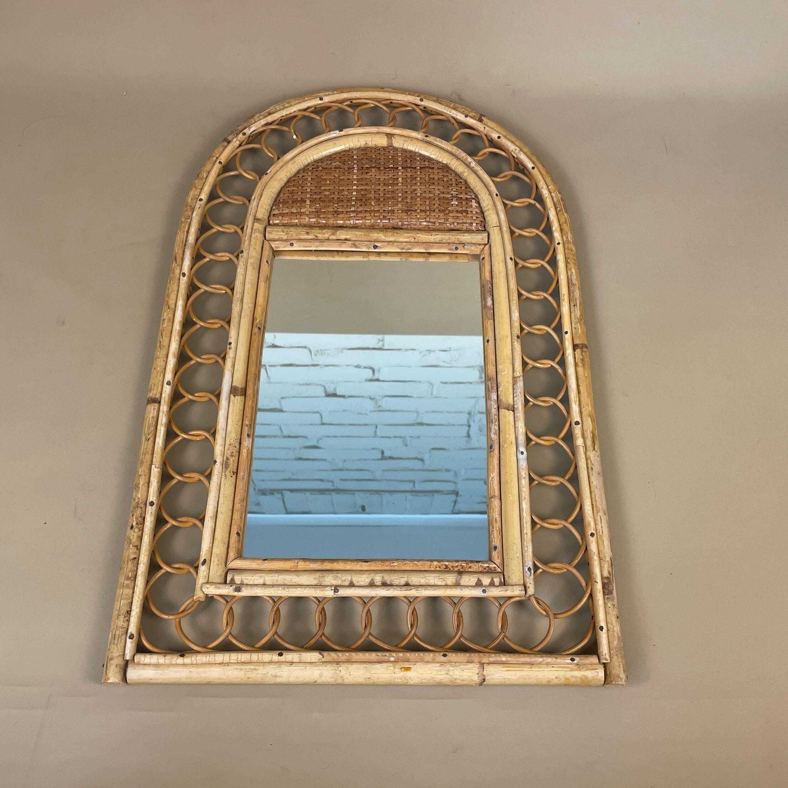 Vintage Bamboo Arched Wall Mirror Italian Riviera Rattan Woven Cane C.1950s Medium Hallway Bedroom