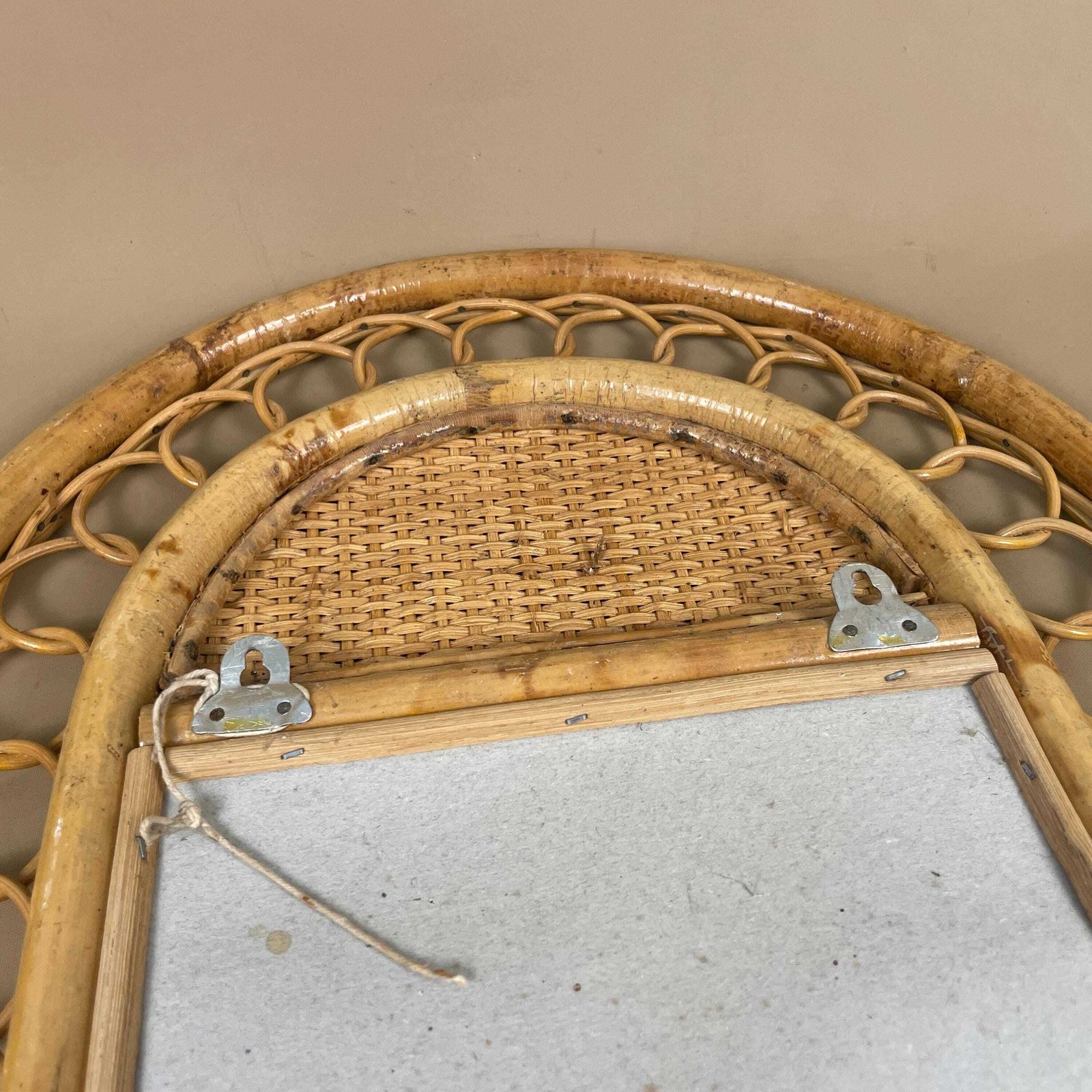 photo for sale Vintage Bamboo Arched Wall Mirror Italian Riviera Rattan Woven Cane C.1950s Medium Hallway Bedroom