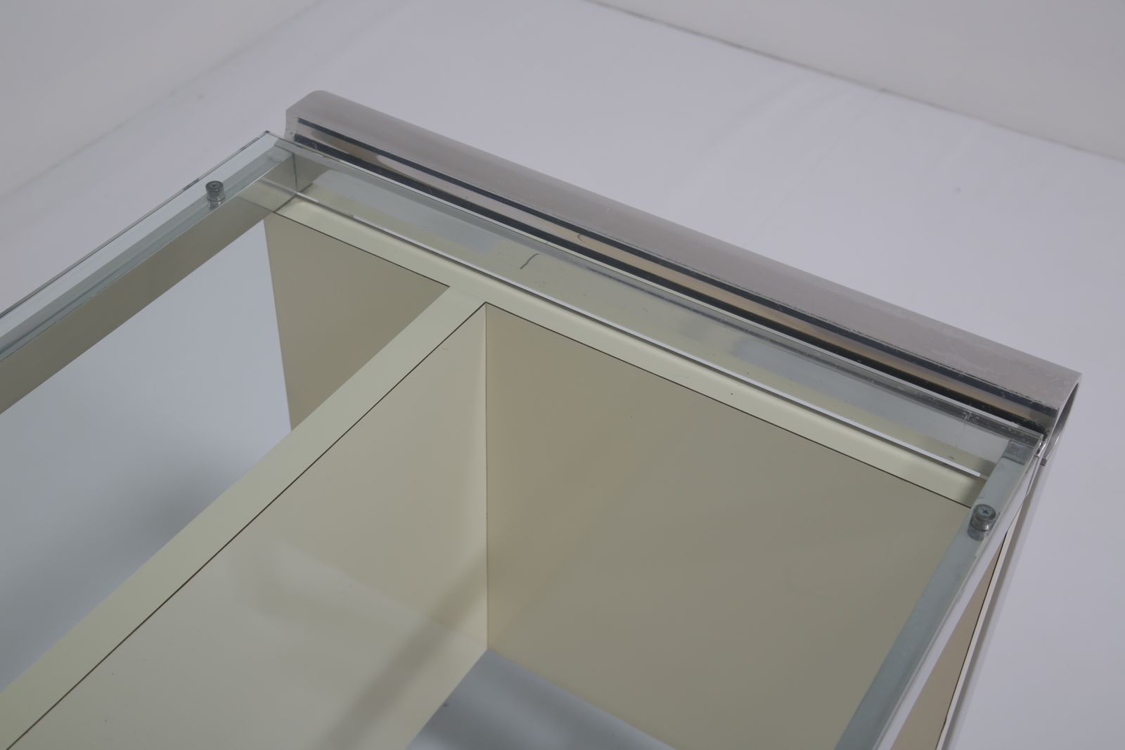 Pierre Cardin Architectural Desk: In Cream Lacquer & Chrome With Glass Top, 1970s photo 2150.0