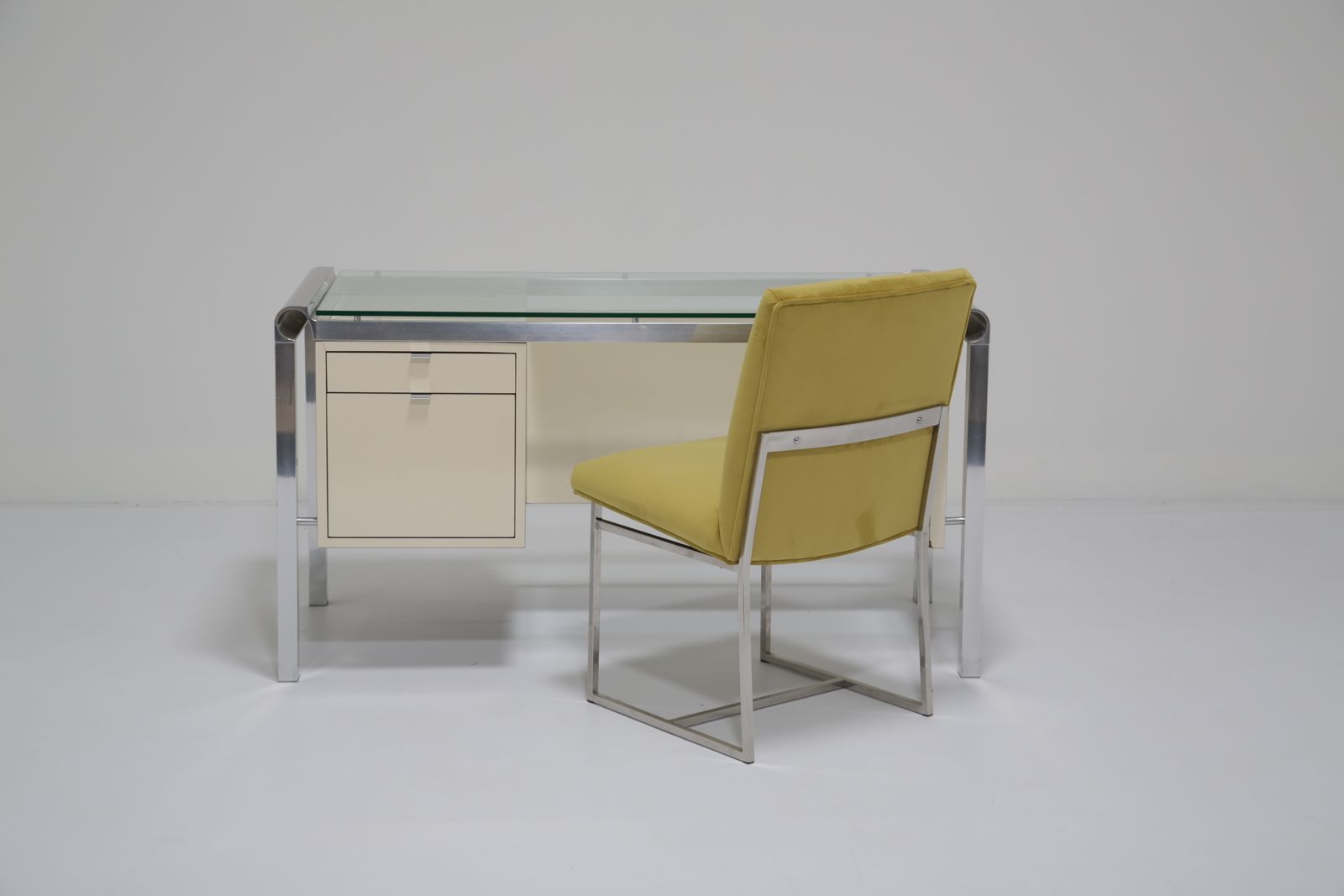 photo buy Pierre Cardin Architectural Desk: In Cream Lacquer & Chrome With Glass Top, 1970s