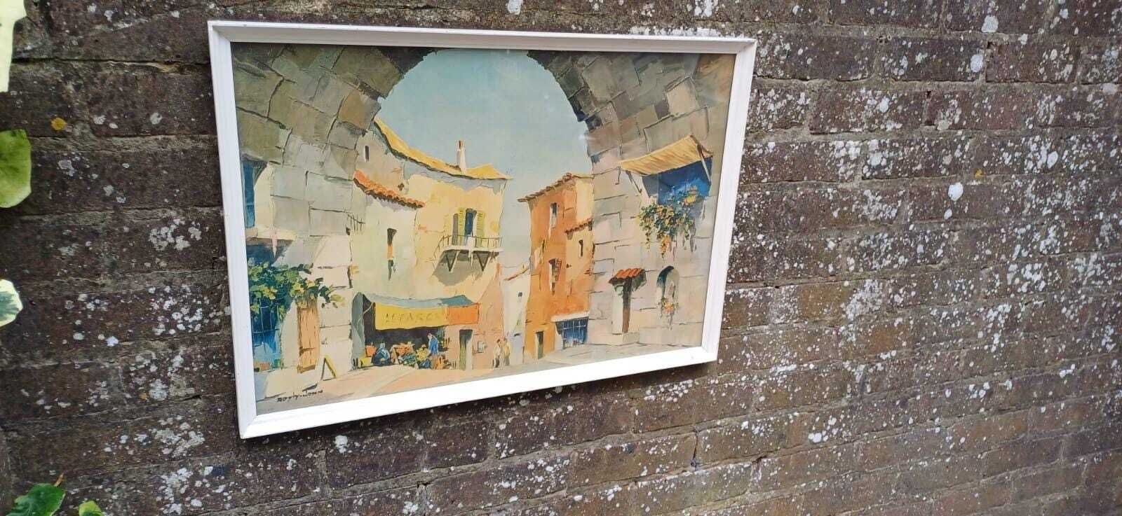Vintage Framed Print “The Old Archway” By Morlyn Jones – Mediterranean Village Scene – 1960s Wall Art, White Frame, Retro Charm photo furniture