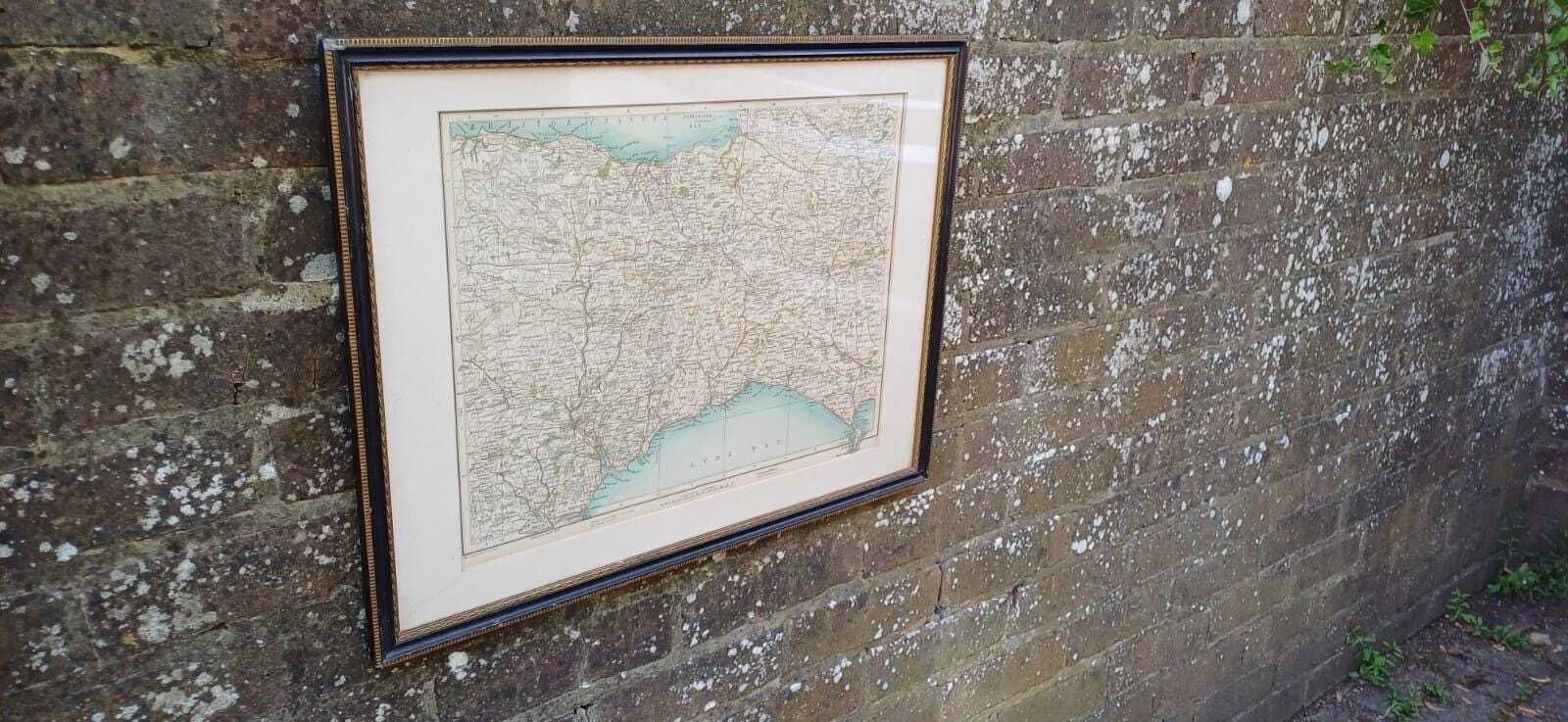 Antique Vintage Framed 1900s Map Of South West England – Dorset Devon Lyme Bay – Original Antique Geographical Wall Art, Uk Counties Map photo for sale