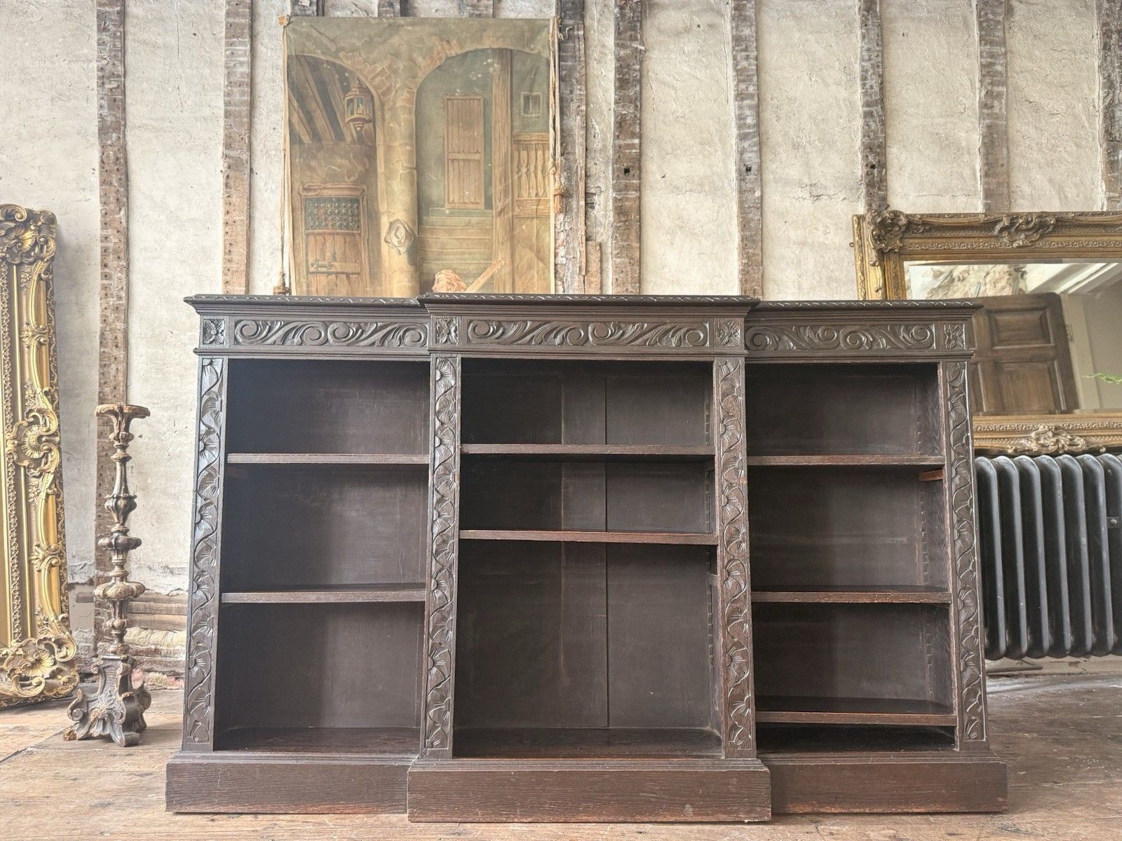 Antique Oak Gothic Carved Freestanding Open  Adjustable Shelves Bookcase C1880 photo vinterior