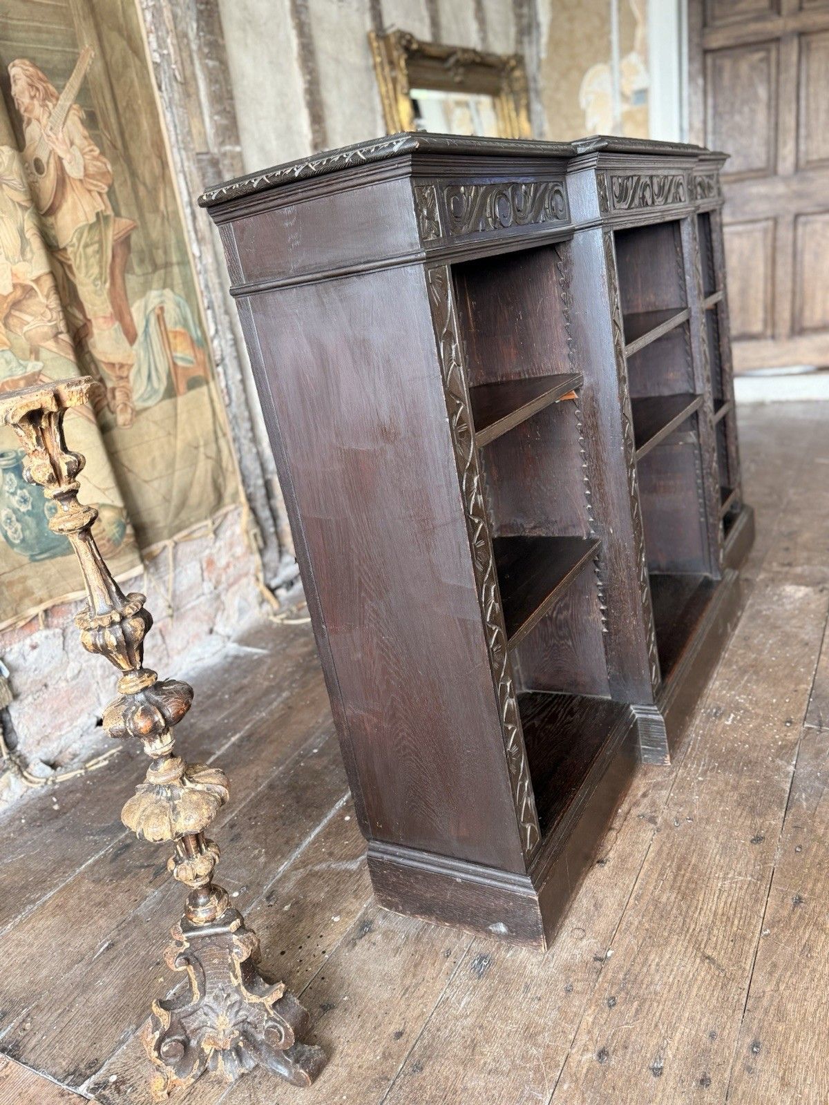 photo for sale Antique Oak Gothic Carved Freestanding Open  Adjustable Shelves Bookcase C1880