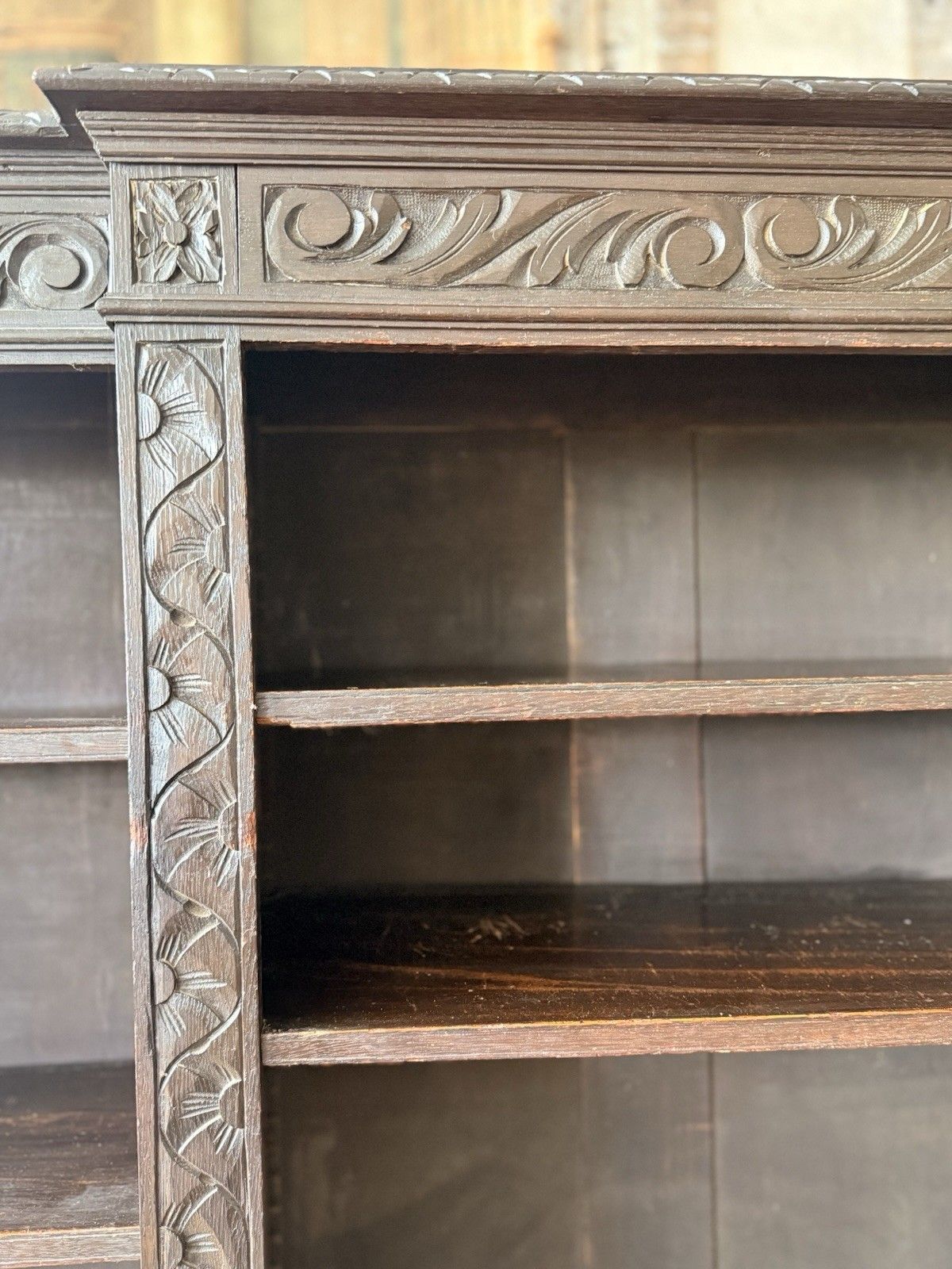 photo vinterior Antique Oak Gothic Carved Freestanding Open  Adjustable Shelves Bookcase C1880