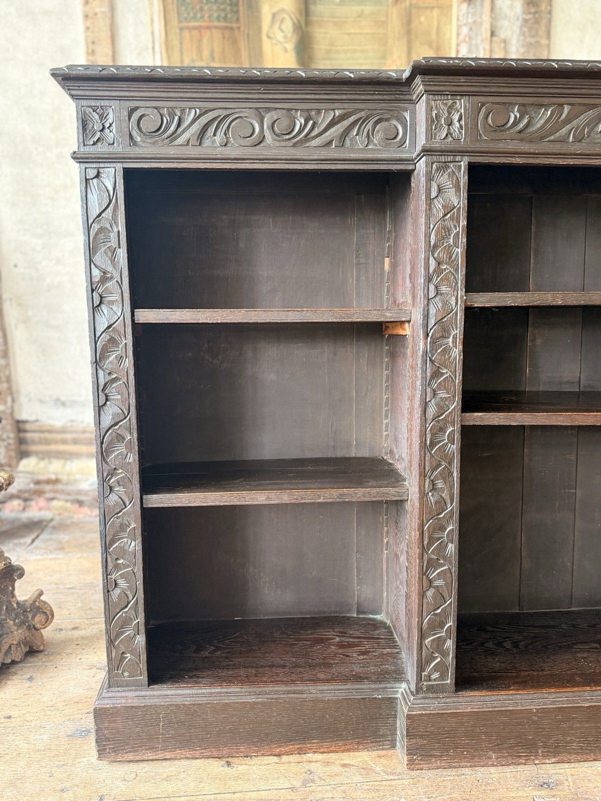 photo buy Antique Oak Gothic Carved Freestanding Open  Adjustable Shelves Bookcase C1880
