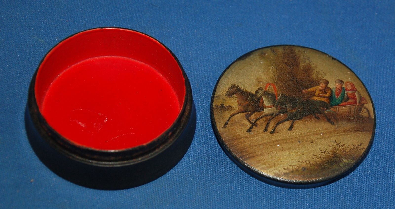 A Hand Painted 19th Century Russian Troika Winter Scene Papier Mache Snuff Box photo furniture