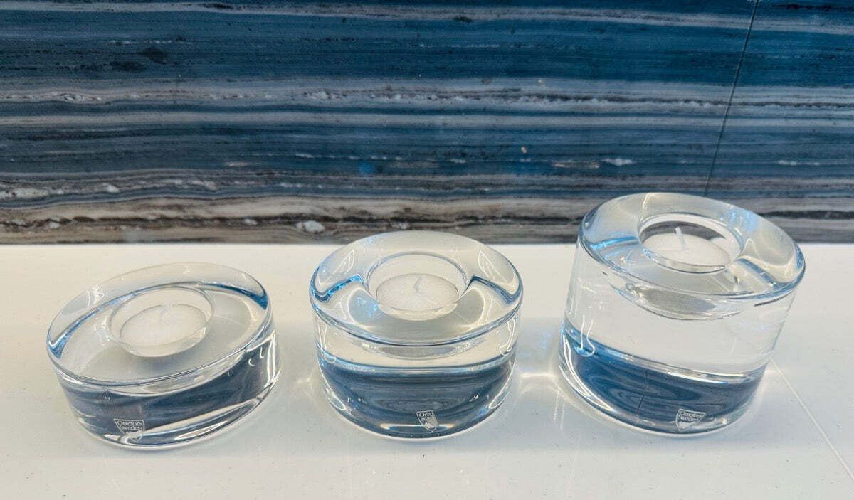 Home Decor Set Of 3 Swedish Orrefors "Puck" Crystal Glass Circular Candle Votive Holders photo