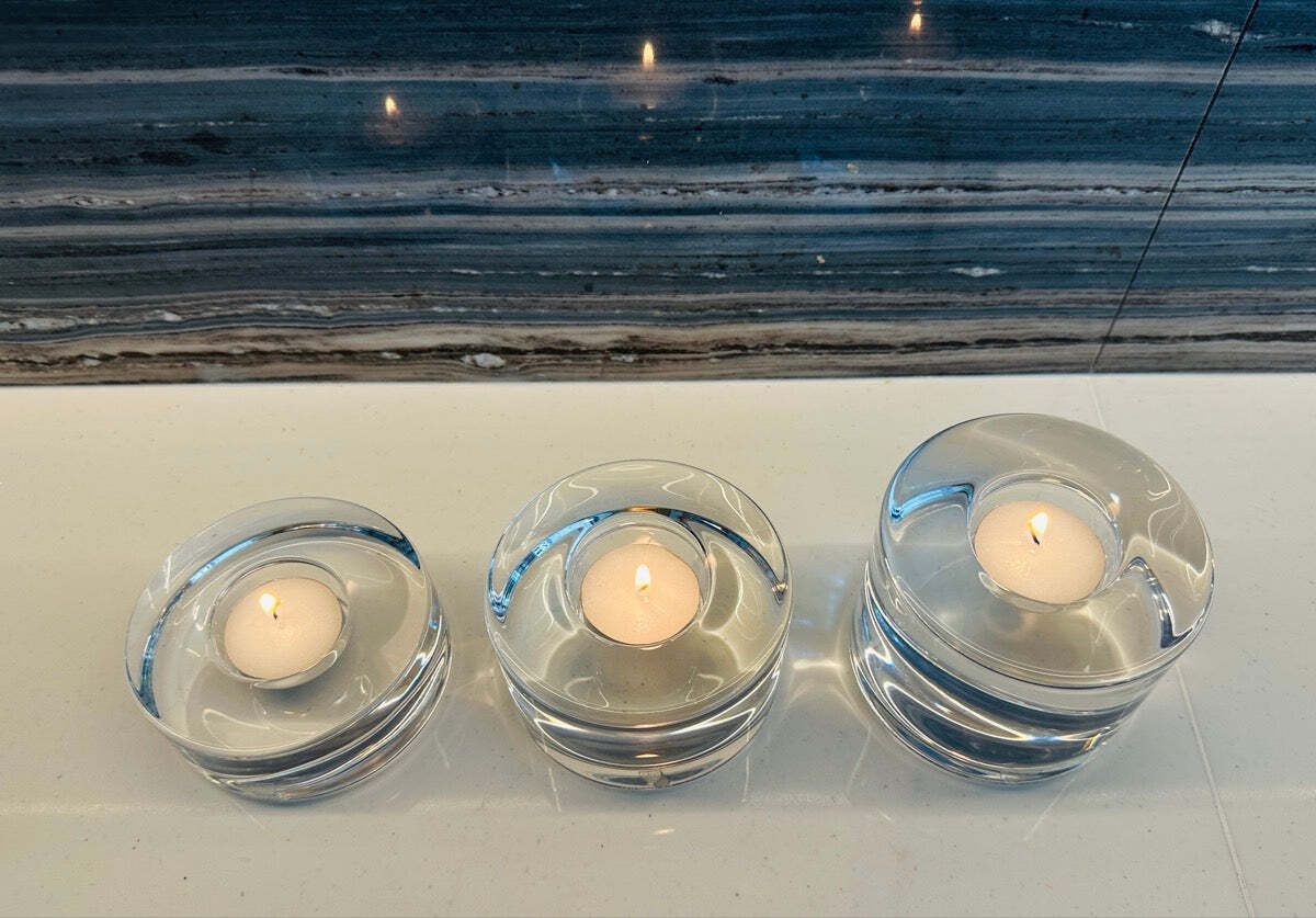 photo buy Set Of 3 Swedish Orrefors "Puck" Crystal Glass Circular Candle Votive Holders