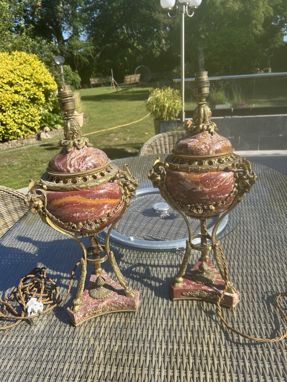 Pair Of Gilt Bronze & Marble Table Lamps French Louis XVI Old Period Antique Set