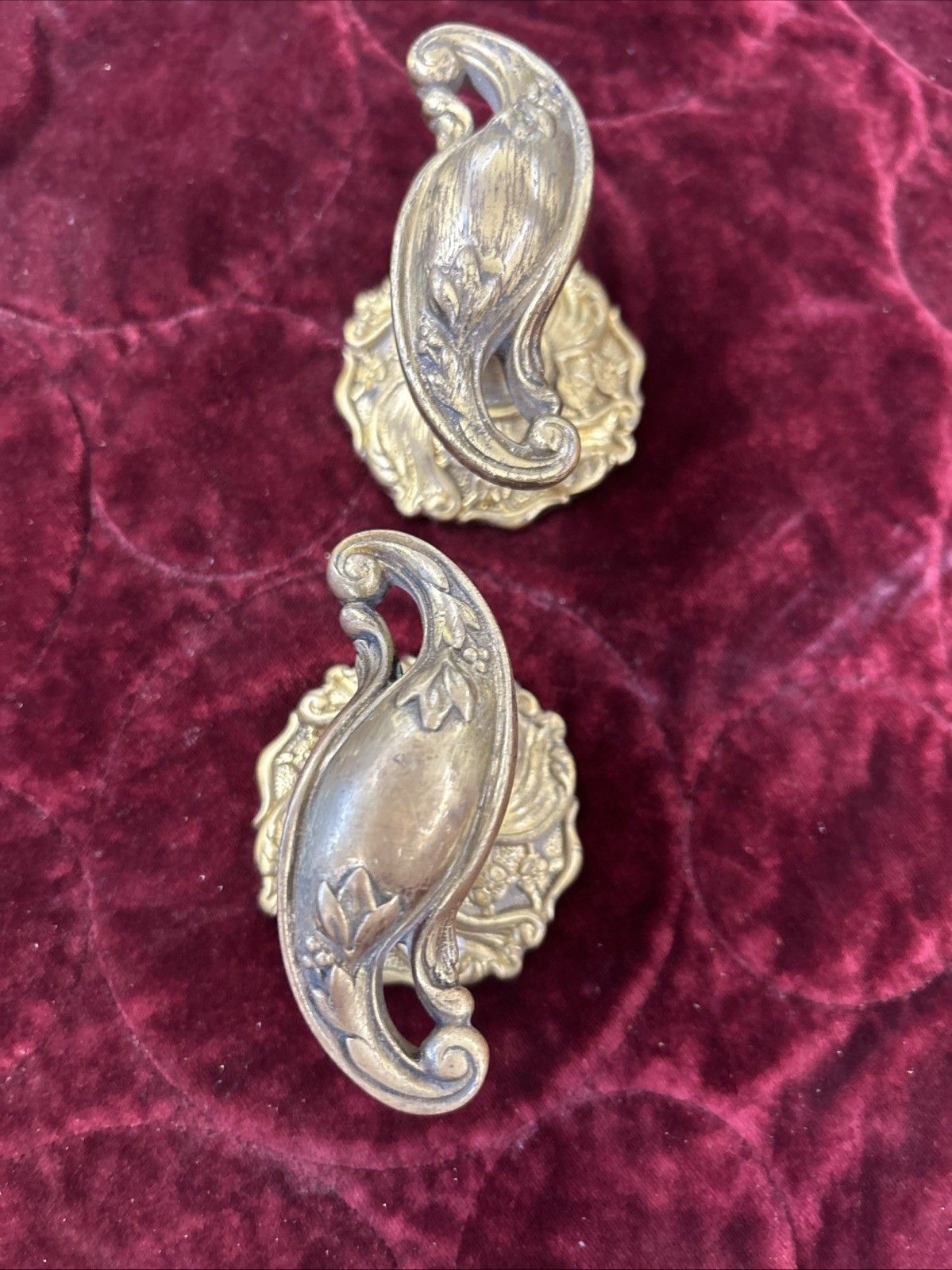 Pair Of Antique Gilt Brass Door Handles French Nouveau Unique Sets Push Pull Old photo 207.0