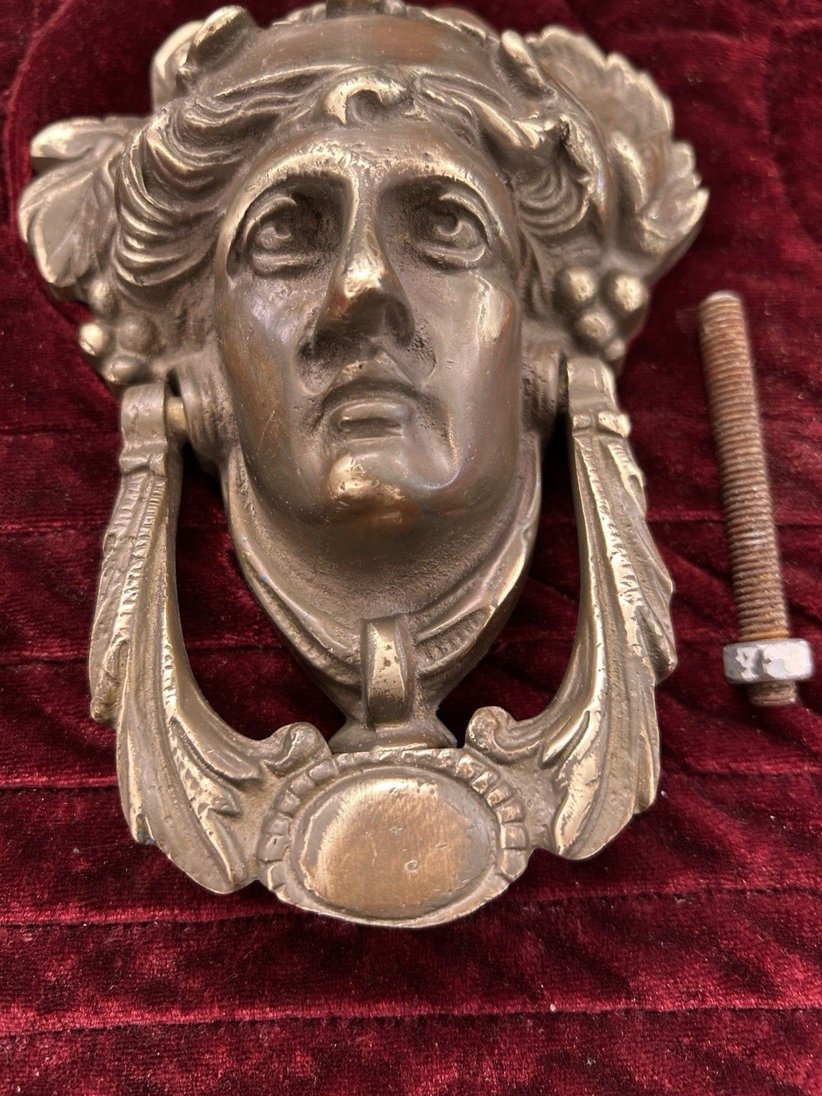 Large Solid Brass Front Door Knocker Reclaimed Period Antique Metal Bolts photo for sale