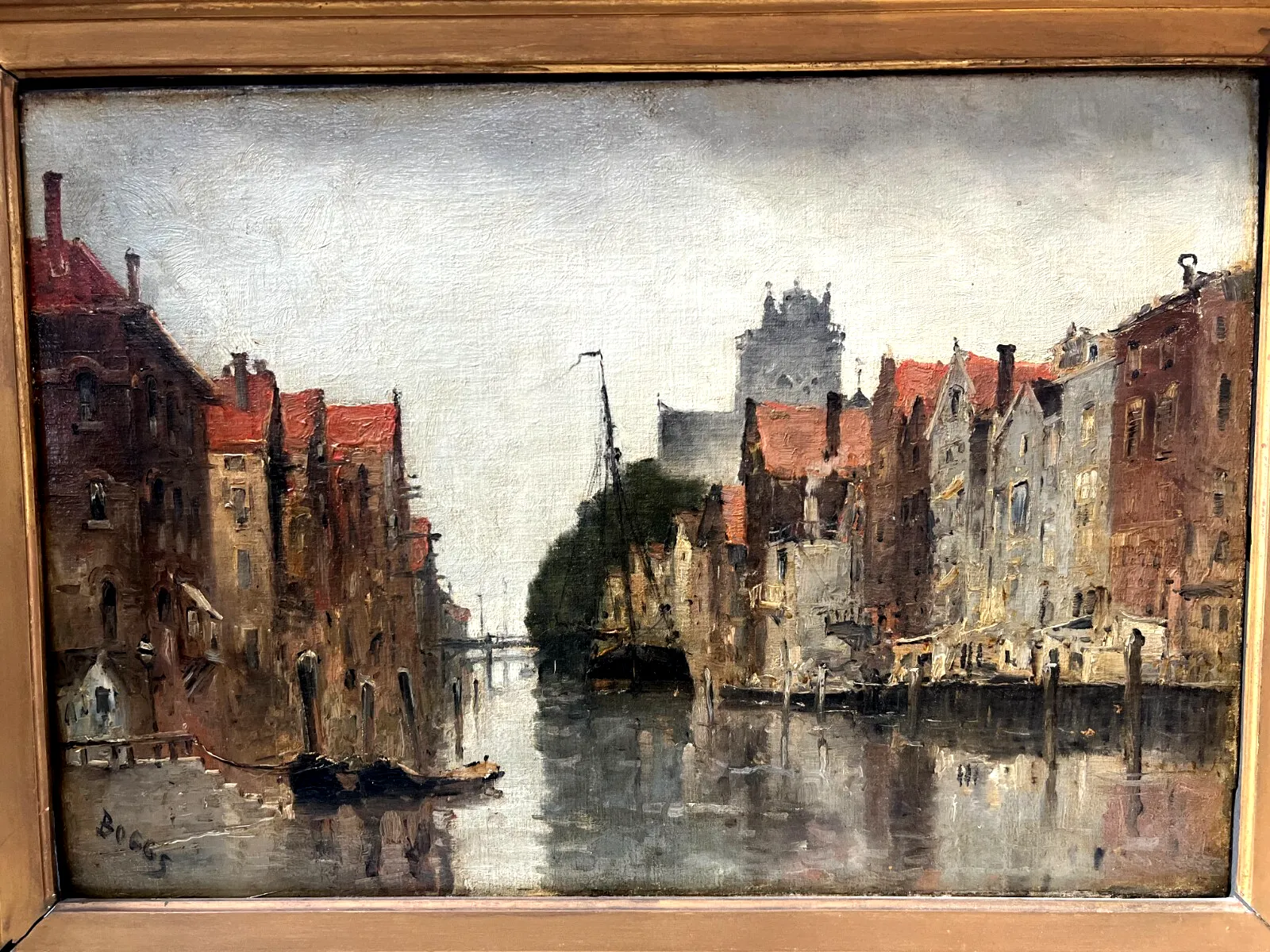 Oil On Canvas "View Of The City On The Canal" By Franck Boggs 19th Century photo furniture
