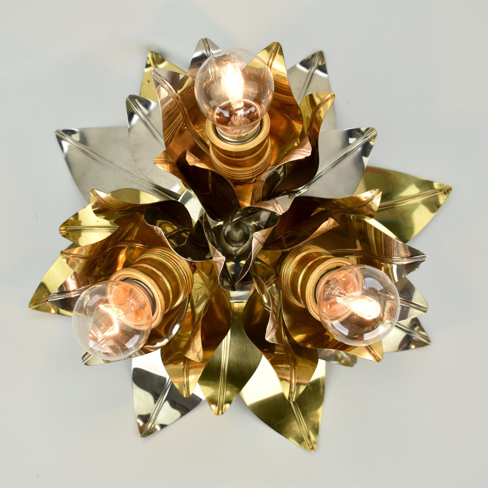 photo furniture Mid Century Maison Jansen Style Flush Mount | Gold Silver Brass Aluminium Flower Ceiling Light Fixture Lamp | Bagues Banci Italian Vintage