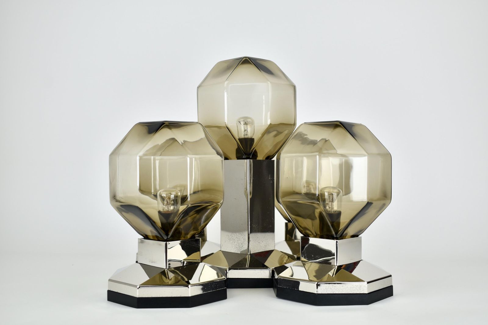 1970s Motoko Ishii Flush Mount Brass & Glass Lights For Staff Leuchten Modular Architectural Gold Smoked Cubist Ceiling Lamp Mid Century Mcm photo furniture