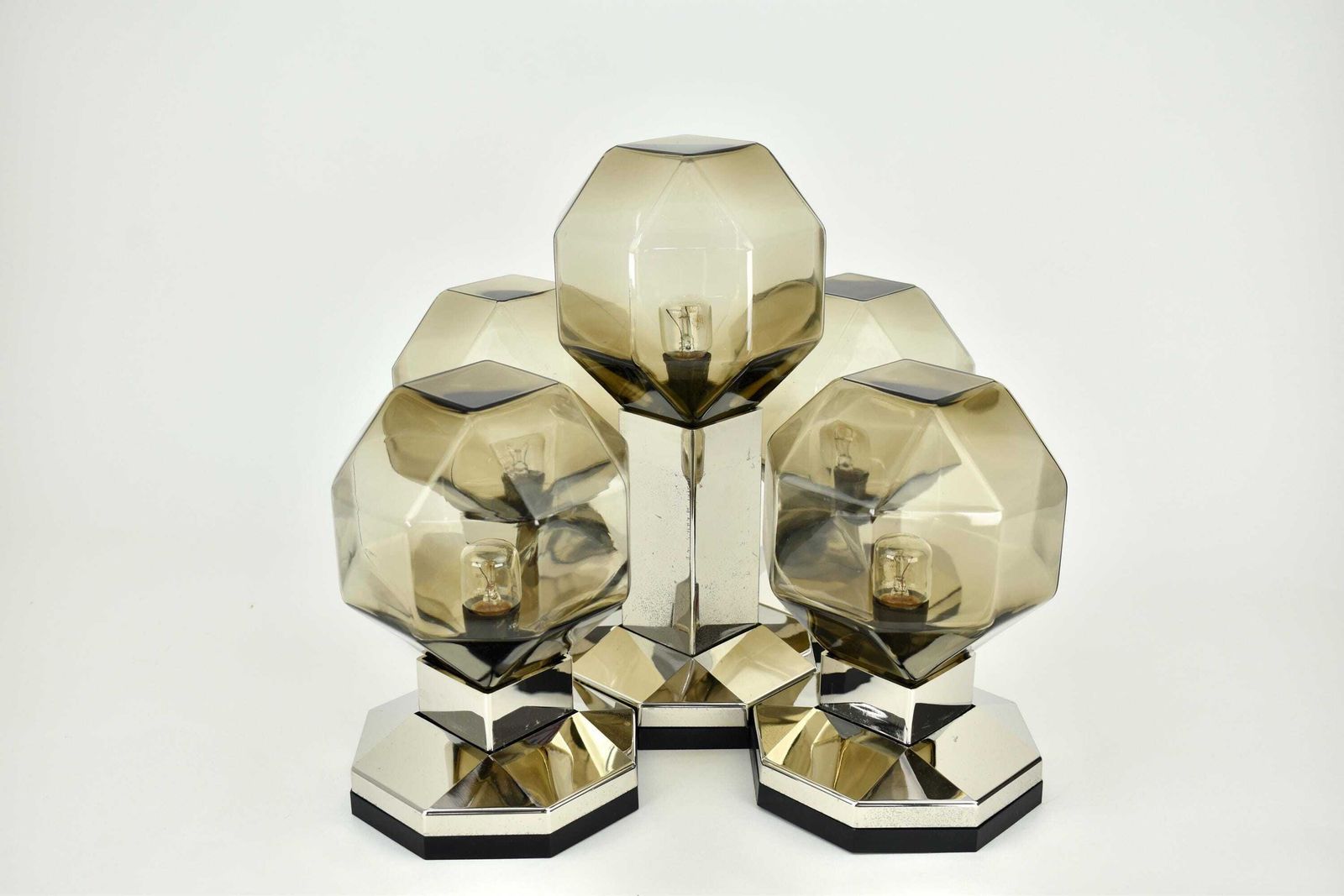 1970s Motoko Ishii Flush Mount Brass & Glass Lights For Staff Leuchten Modular Architectural Gold Smoked Cubist Ceiling Lamp Mid Century Mcm photo for sale