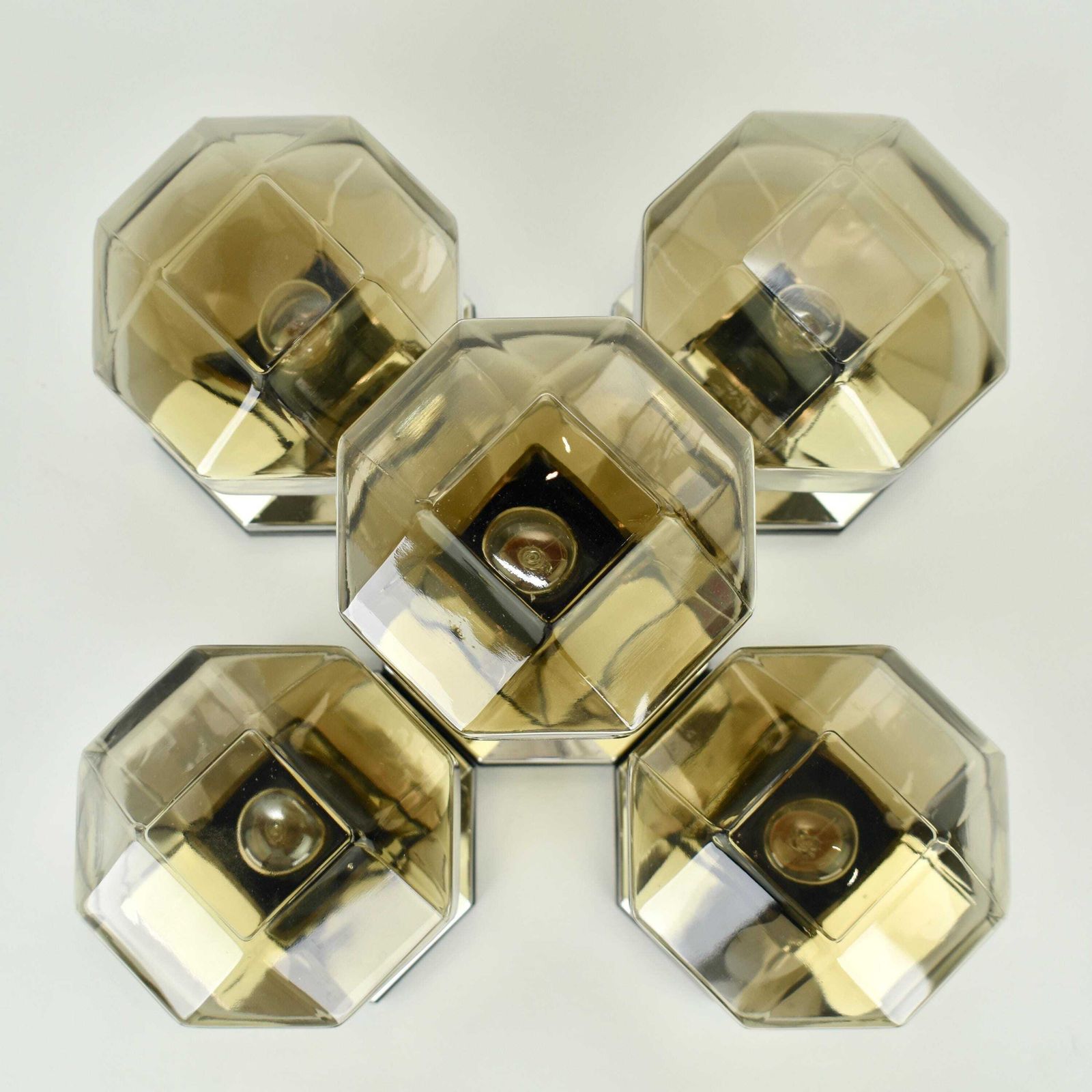1970s Motoko Ishii Flush Mount Brass & Glass Lights For Staff Leuchten Modular Architectural Gold Smoked Cubist Ceiling Lamp Mid Century Mcm photo buy